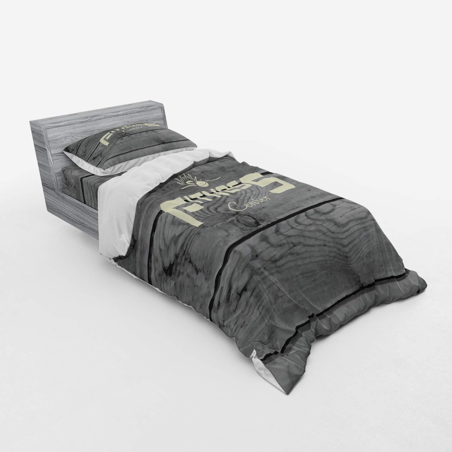 Ambesonne Fitness Bedding Set - 3 Piece Duvet Cover with Pillow Sham & Fitted Sheet, Twin Size, Pale Yellow Black Grey Gym Print - Perfect for Home Gym Decor & Fitness Enthusiast Bedroom