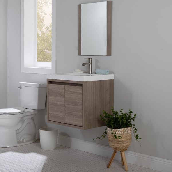 Kelby 24 Inch Modern Floating Bathroom Vanity - White Single Sink Top with 2-Door Cabinet, Forest Elm Finish (24.5
