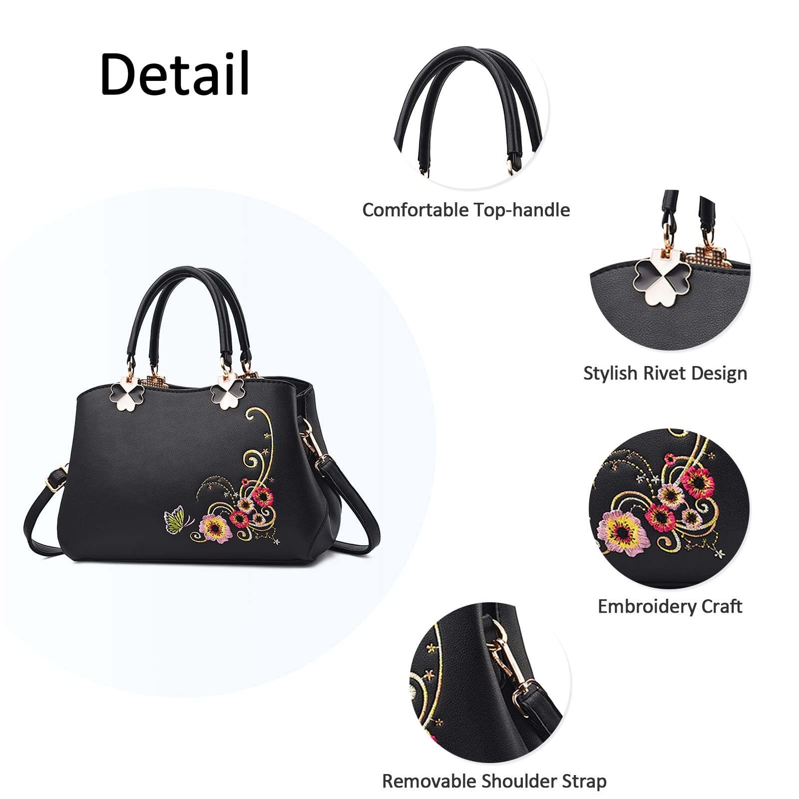 Elegant Women's Handbag - Top Handle Embroidery Shoulder Bag Crossbody Purse for Work, Travel & Shopping - PU Leather Black (Perfect for Office, Parties & Daily Use)