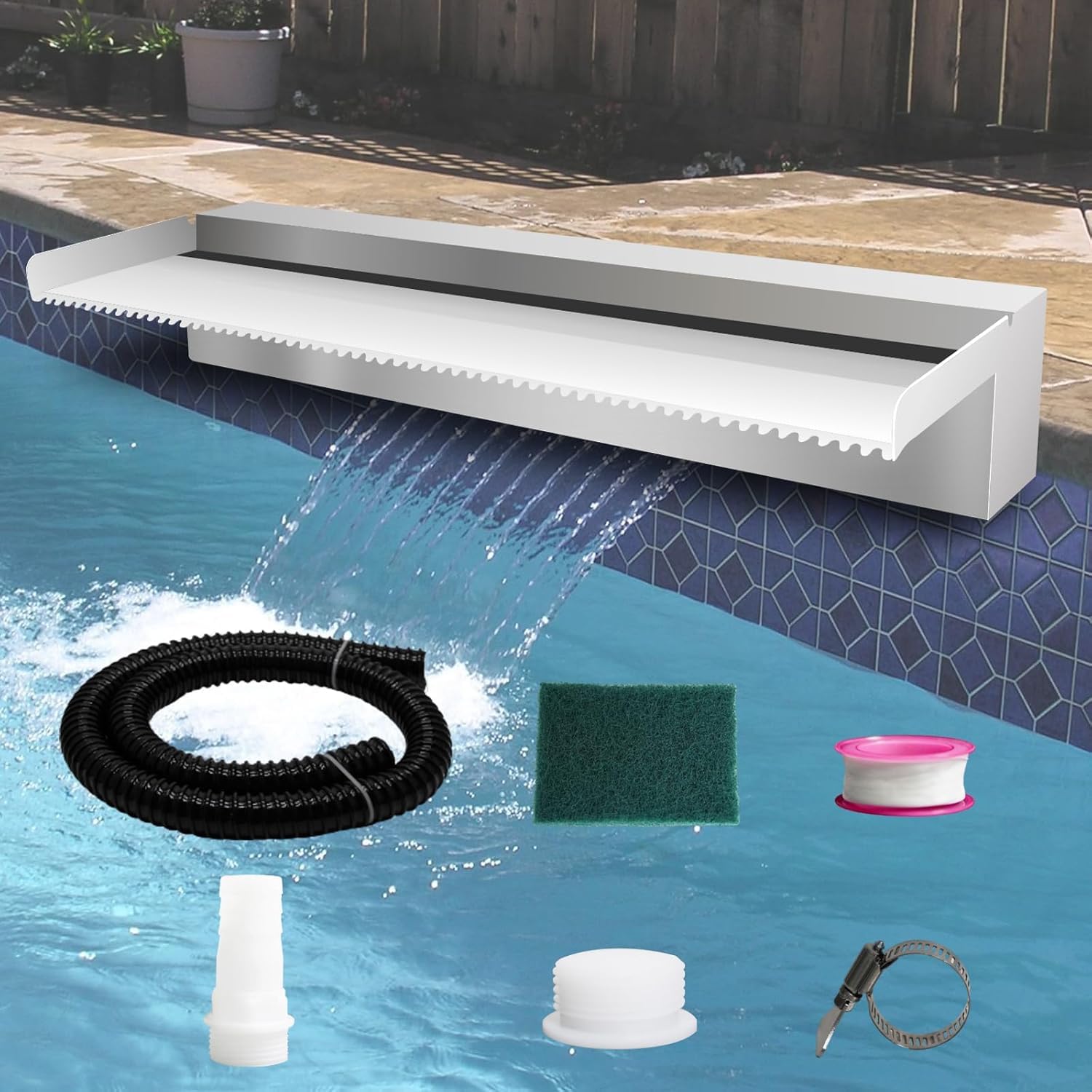 Stainless Steel Pool Fountain & Pond Waterfall Spillway Kit - 24 Inch Outdoor Water Feature for Garden, Patio, Backyard Koi Pond - No LED Light - Perfect for Landscaping & Relaxing Water Decor