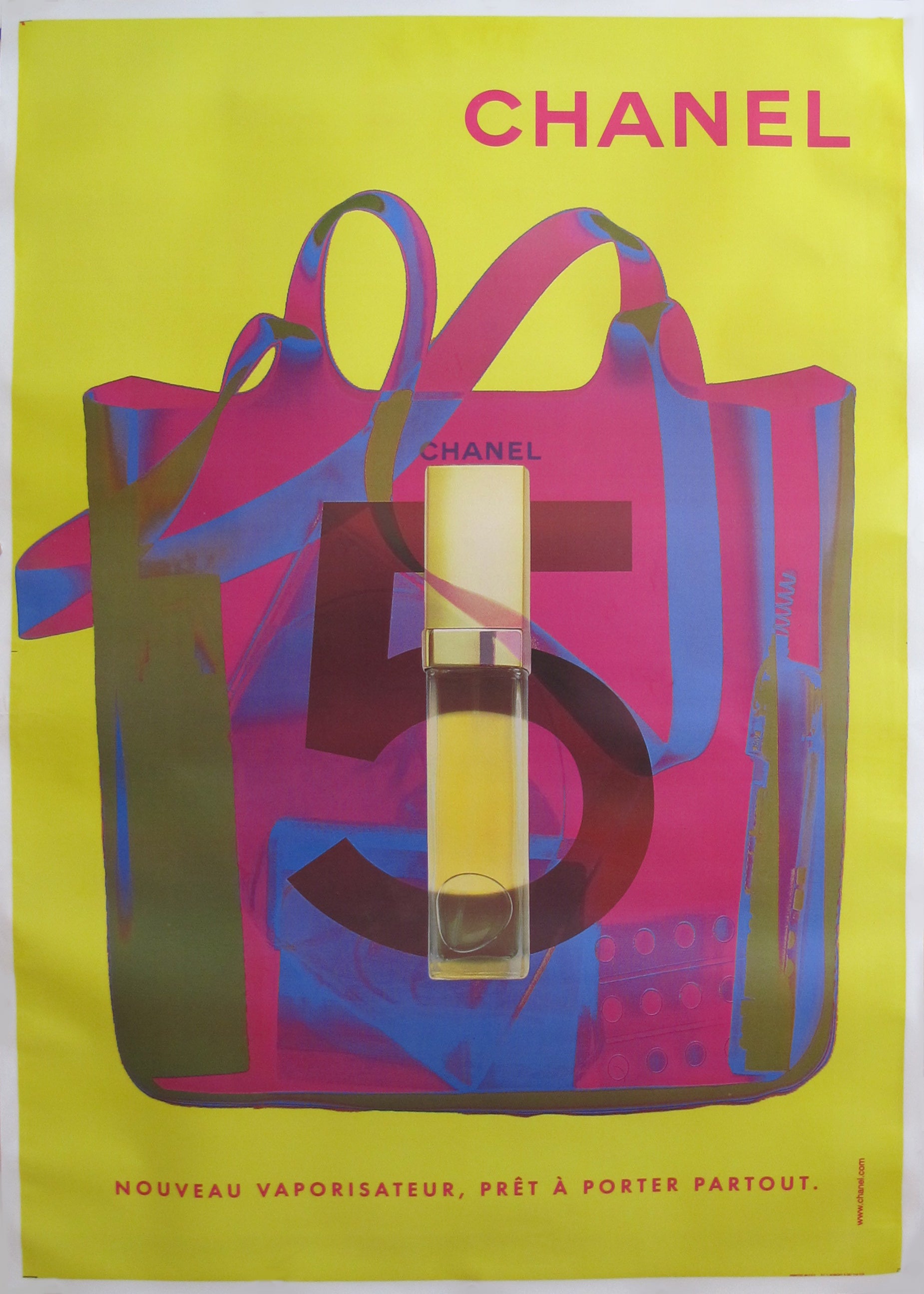 Vintage 1998 Original Chanel No.5 Perfume Poster - Yellow, Pink & Blue Retro Wall Art for Home Decor & Fashion Lovers