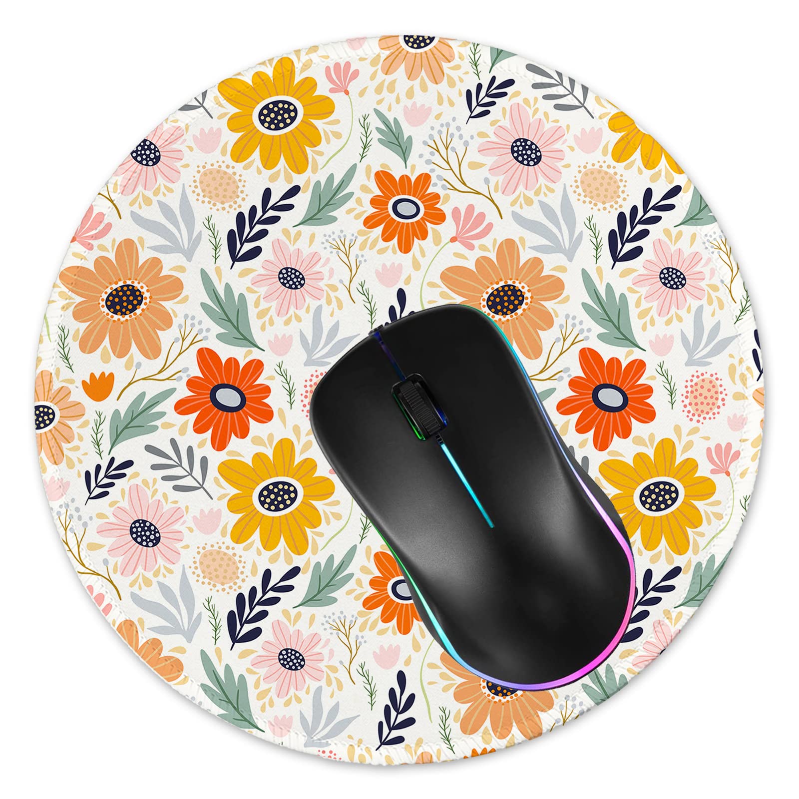 Premium Round Gaming Mouse Pad - Non-Slip Rubber Base with Stitched Edge (7.9x7.9 Inch) for PC, Laptop & Office - Cute Floral Design for Gamers & Professionals