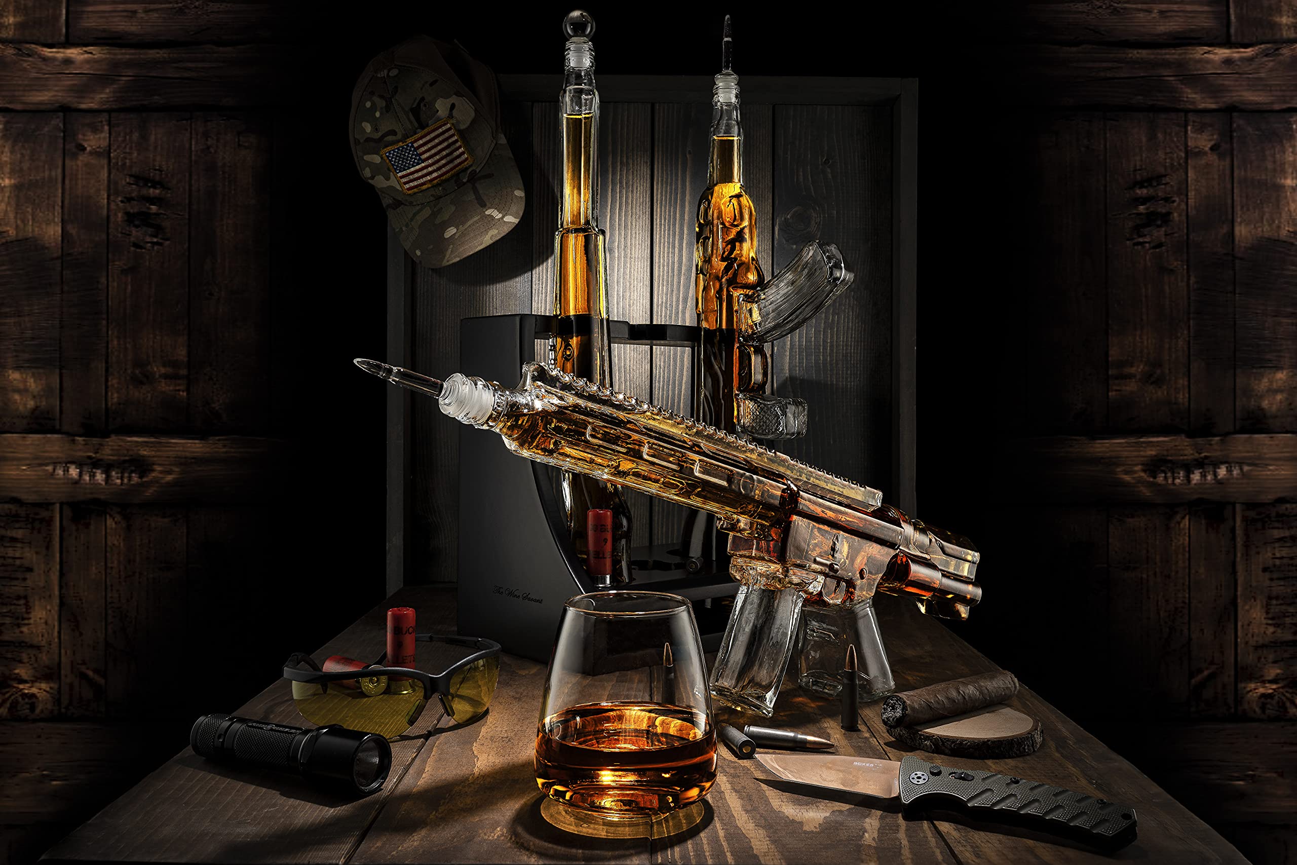 AR15 AK47 Rifle Whiskey Decanter Set with Display Rack - 3 Piece Gun Shaped Liquor Dispenser for Home Bar | Unique Gifts for Men, Dad, Husband, Veterans & Military | Perfect for Birthday, Anniversary & Whiskey Enthusiasts