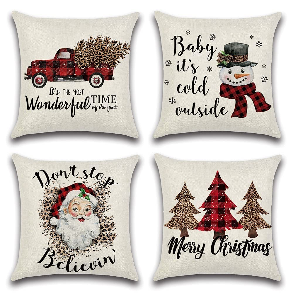OTOSTAR 18x18 Inch Waterproof Christmas Pillow Covers - Black Red Plaid Outdoor Decorative Throw Pillow Cases for Couch, Patio, Tent (Pack of 4) | Perfect for Holiday Home Decor, Winter Indoor & Outdoor Use, Christmas Tree & Snowman Themed Living Room Accents