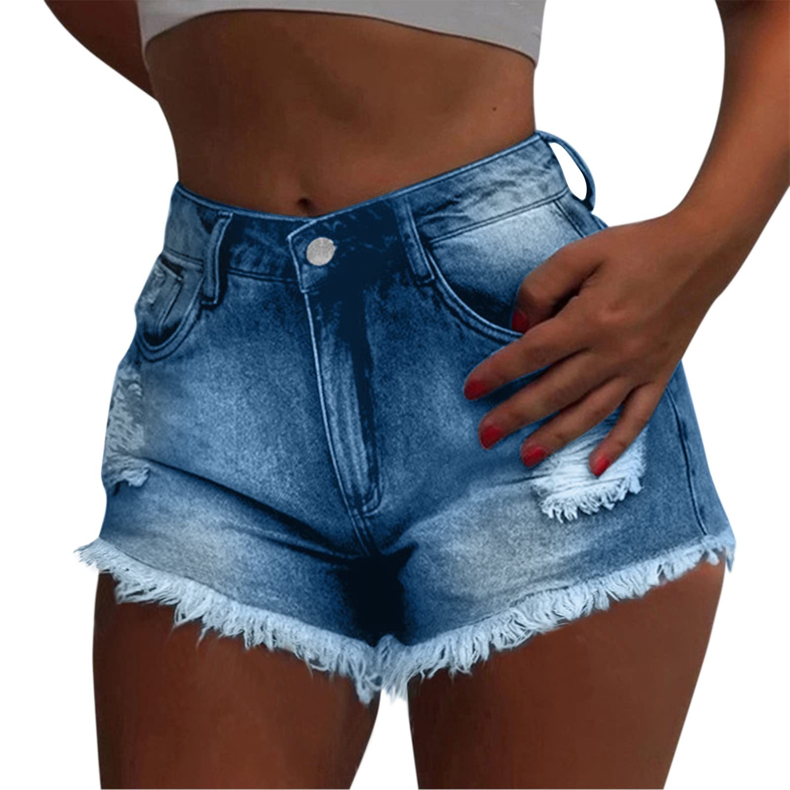 Women's High Waisted Denim Shorts - Distressed Washed Frayed Jean Shorts for Summer | Plus Size Work Clothes & Casual Wear | Perfect for Beach, Vacation, and Everyday Outfits