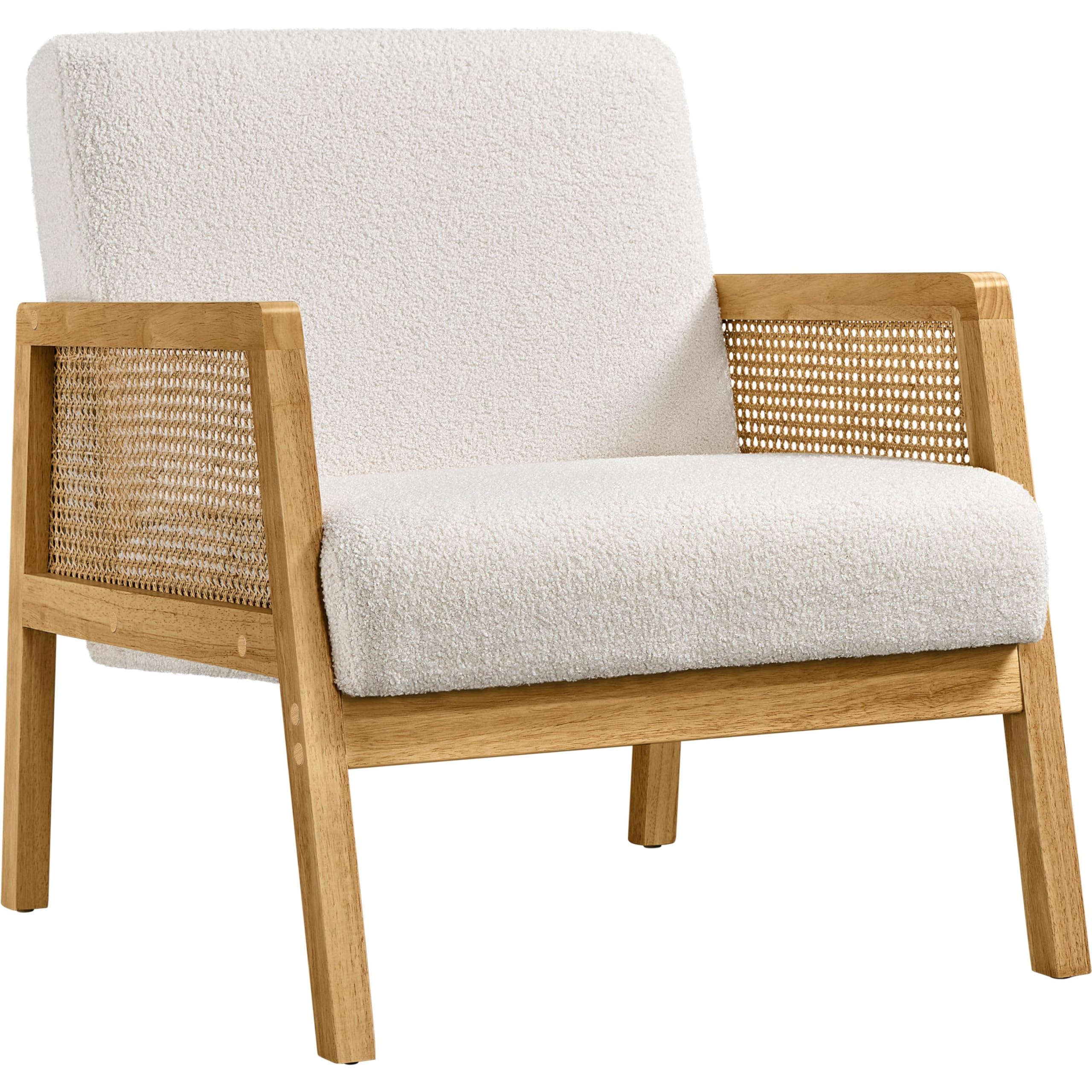 Yaheetech Boucle Fabric Accent Chair - Vintage Rattan Vanity Chair with Wood Armrest & Legs for Living Room, Bedroom, Makeup Room - Ivory White Upholstered Seat - Perfect for Cozy Reading Nook, Dressing Table or Boho Home Decor
