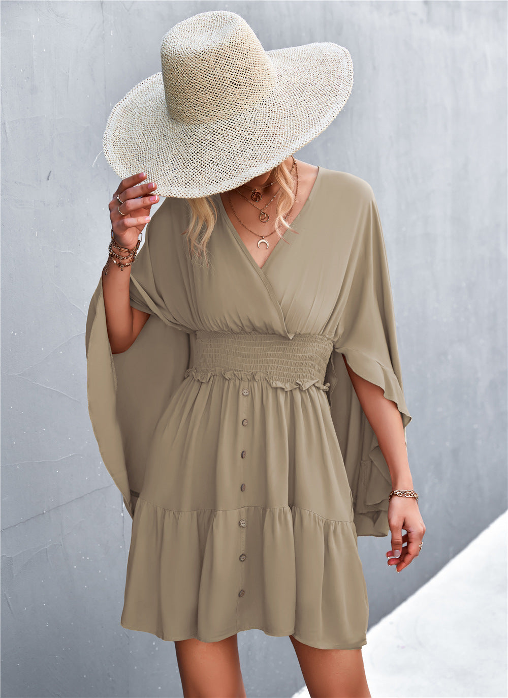 Elegant Smocked Waist Surplice Dress with Decorative Buttons - Perfect for Summer Weddings, Garden Parties & Casual Outings