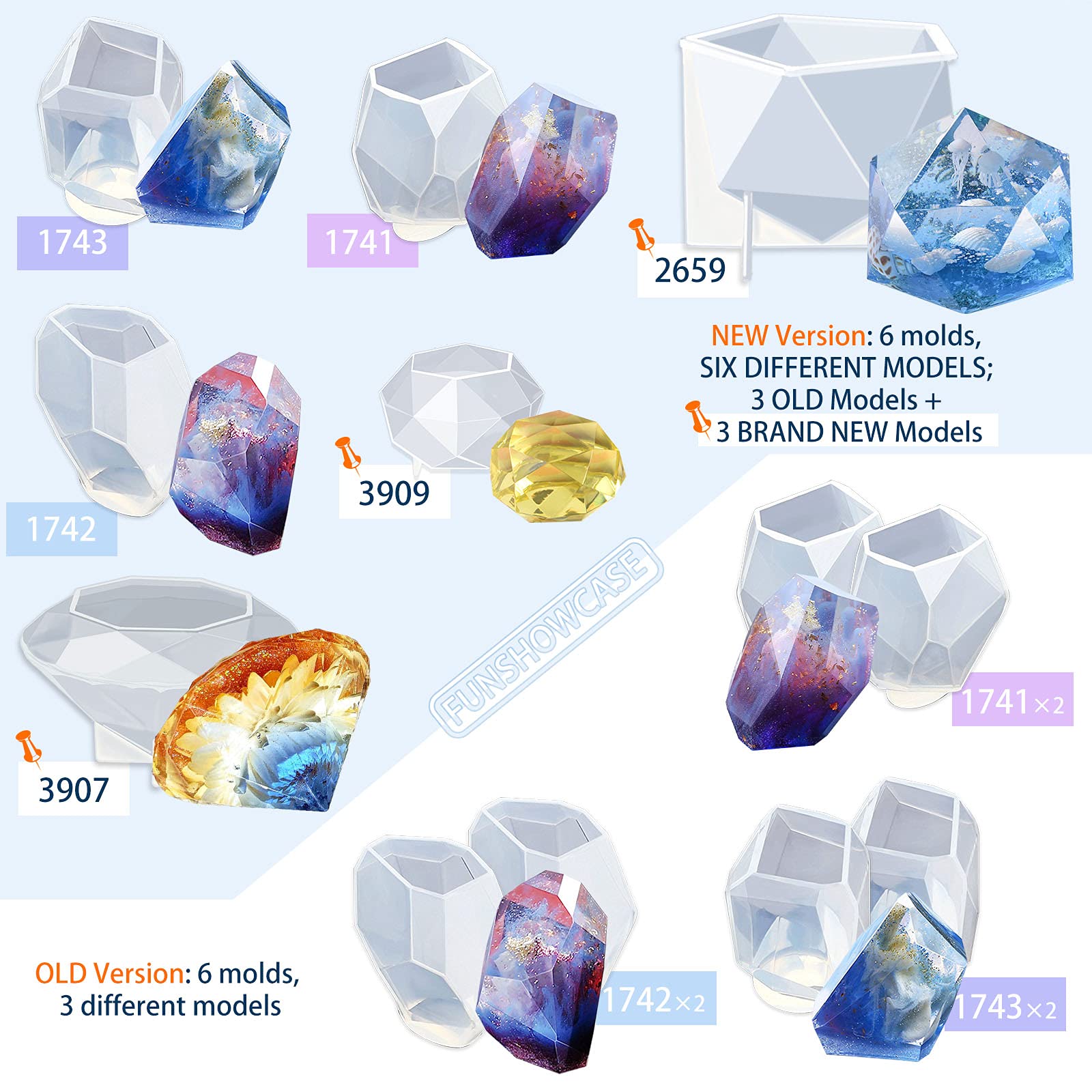 Premium 6-Pack Large Multi-Faceted Gemstone Resin Epoxy Molds for Jewelry Making, Soap Crafting, Ice Cubes, Isomalt Baking & Cabochon Candle DIY Projects - Perfect for Home Decor, Wedding Favors & Gift Making