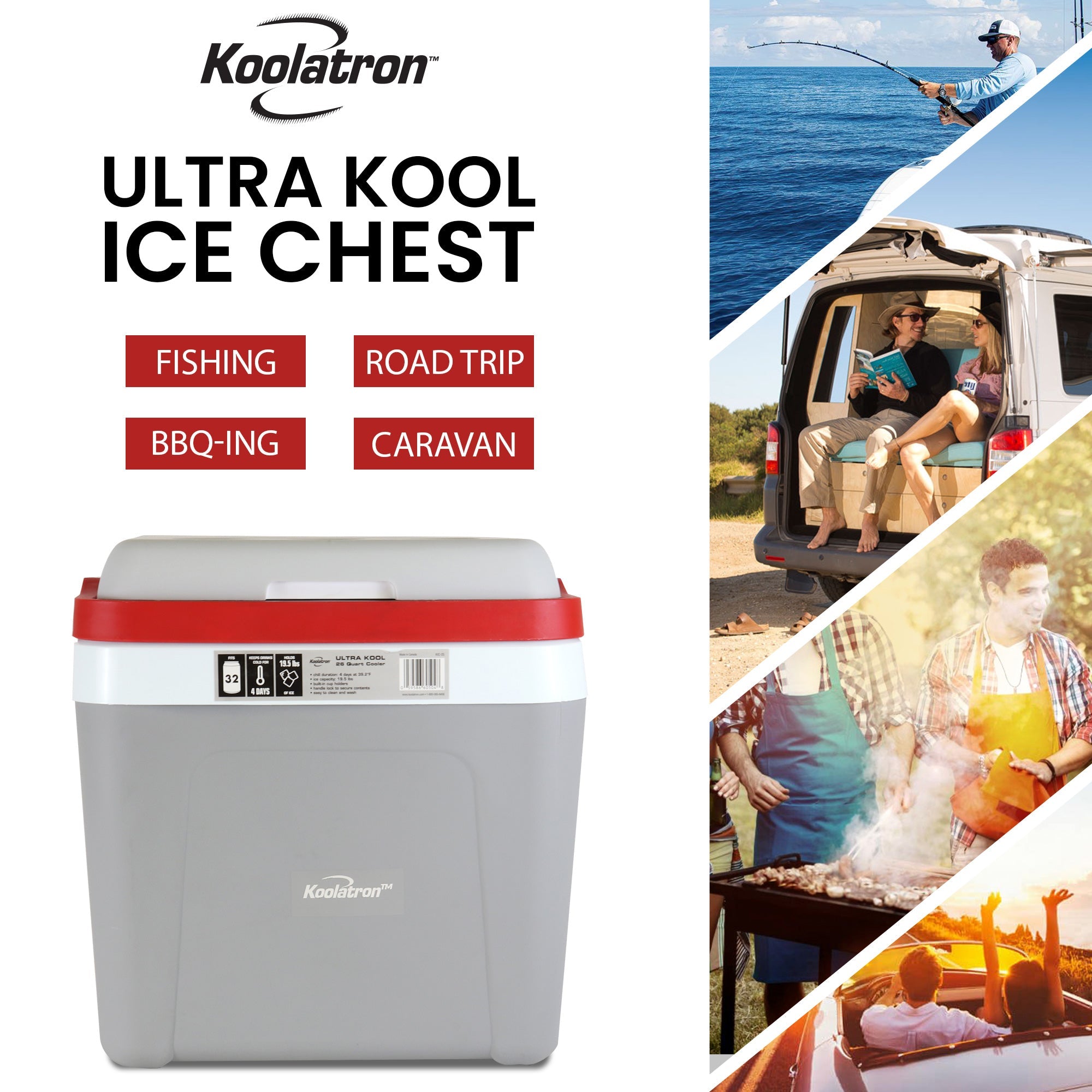 Koolatron 25L (26 qt) Portable Ice Chest Cooler with Locking Carry Handle - 32 Can Capacity for Picnics, Camping, Boating & Travel - Gray & Red Cooler Box for Snacks, Lunch & Day Trips - Made in North America | Perfect for Outdoor Adventures, Beach Parties & Tailgating