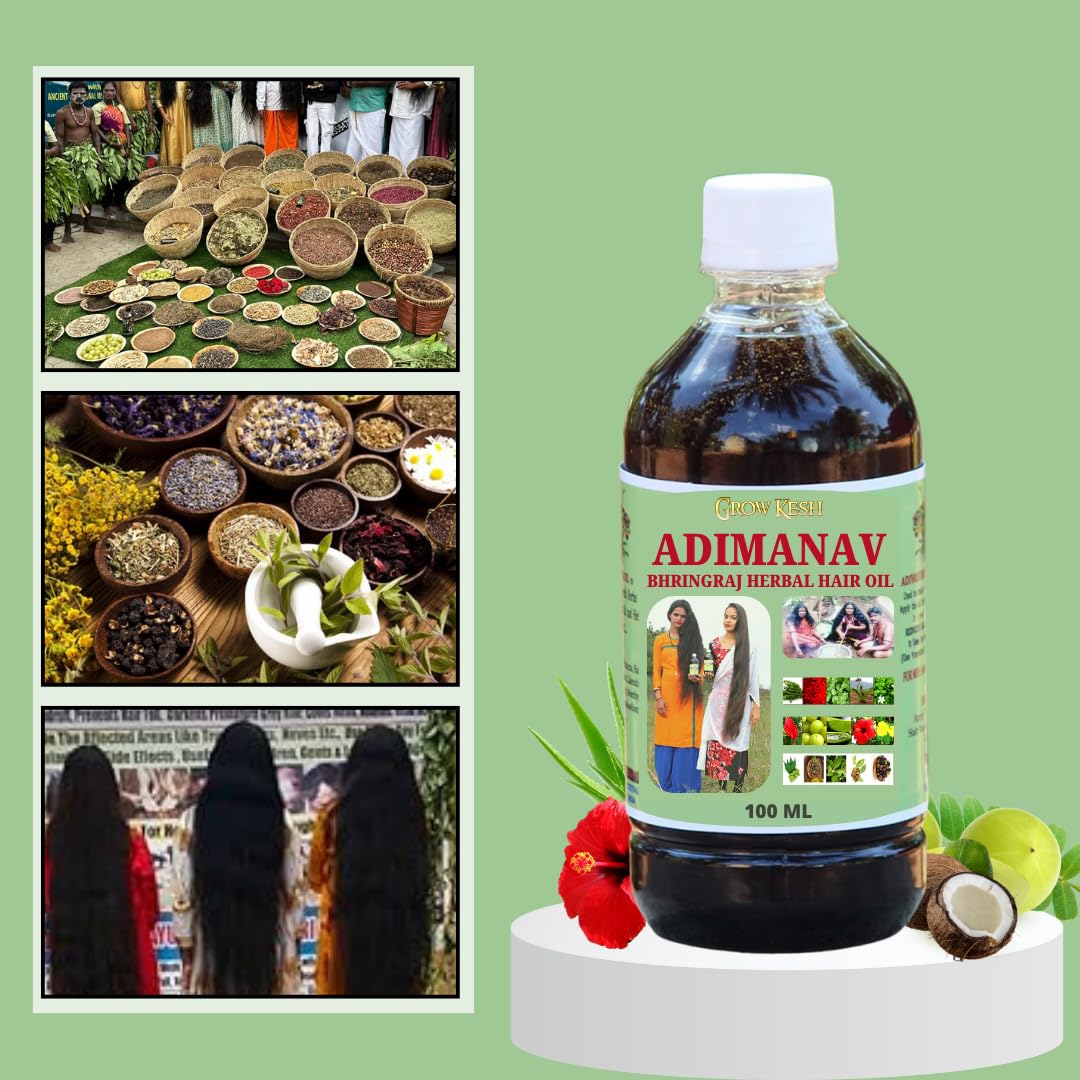 Growkesh Adimanav Bhringraj Herbal Hair Oil - 100% Pure & Natural Hair Growth Treatment for Men & Women | 200ml (Pack of 2) | Reduces Hair Fall, Promotes Thick & Long Hair | Perfect for Daily Scalp Massage & Ayurvedic Hair Care Routine