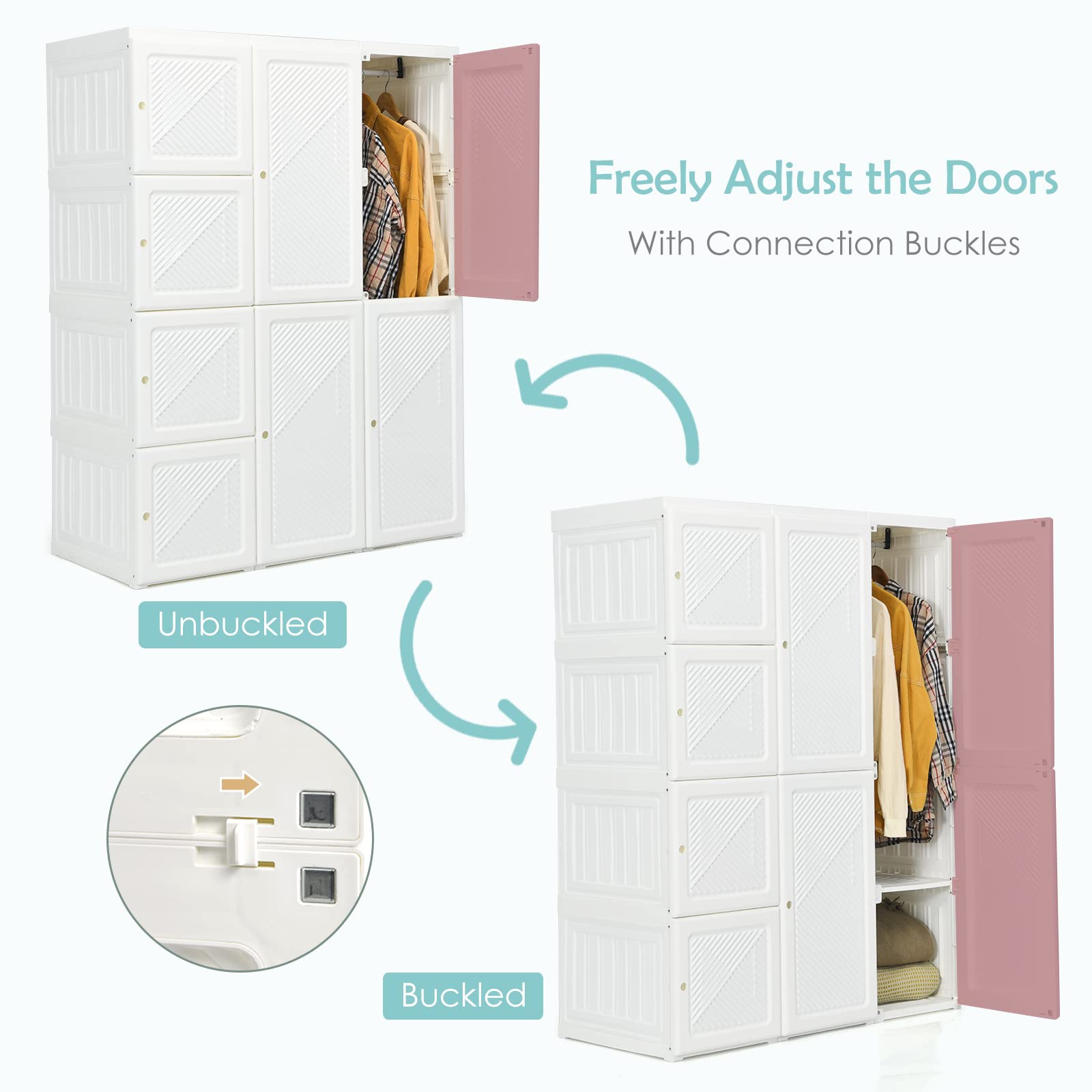 Tangkula Portable Closet Wardrobe - Foldable Clothes Organizer with 8 Storage Cubbies & 2 Hanging Rods, Easy Assembly Magnetic Door Clothing Storage for Bedroom, Closet, Dorm, Apartment | Space Saving Wardrobe Solution for Small Spaces
