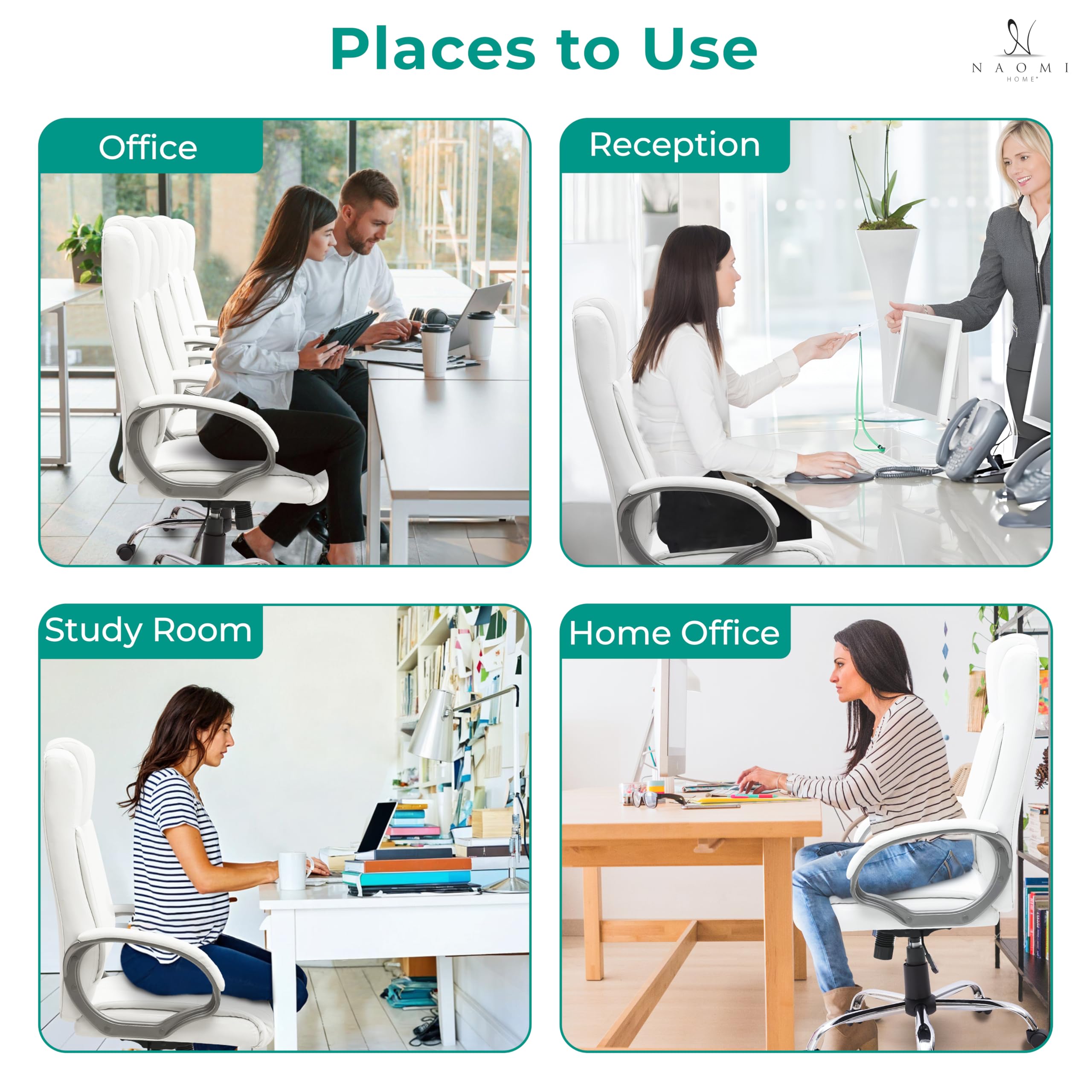 Premium Naomi Home Halle Executive Office Chair - High Back Ergonomic Desk Chair with Adjustable Height, Tilt & 360° Swivel - Lumbar Support & Padded Armrests - White Leather Computer Chair for Home & Office Use - Ideal for Long Work Hours, Gaming & Study Sessions