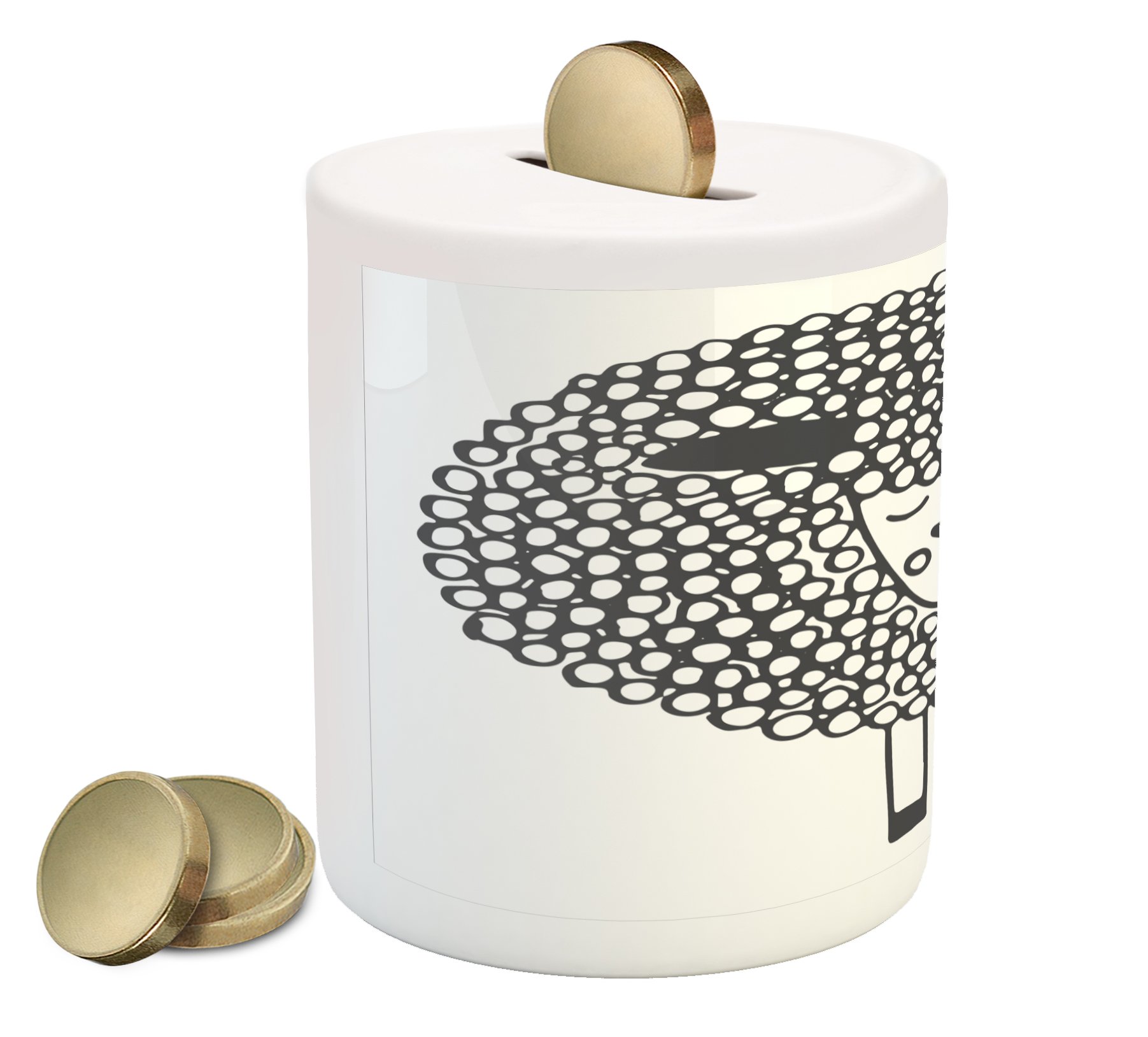 Ambesonne Ceramic Piggy Bank - Grey & White Monochrome Sheep Doodle Design, Farm Animal Coin Bank for Cash Savings | Perfect for Kids' Allowance, Birthday Gifts & Home Decor