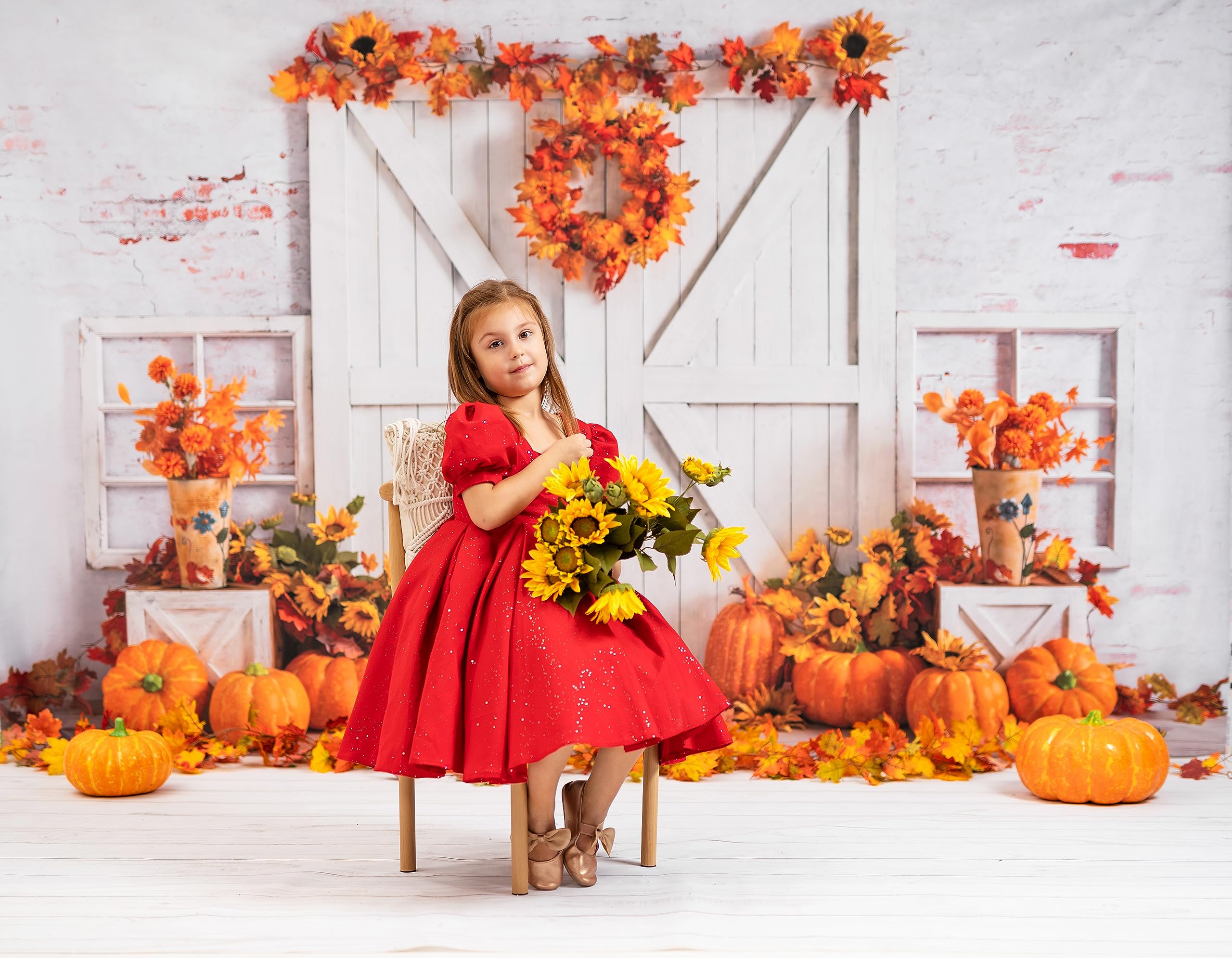 Kate Fall Photography Backdrop - Thanksgiving & Autumn Pumpkin Barn Door Scene - 10x6.5ft Microfiber Photo Background for Holiday Portraits, Family Photos, and Seasonal Decor