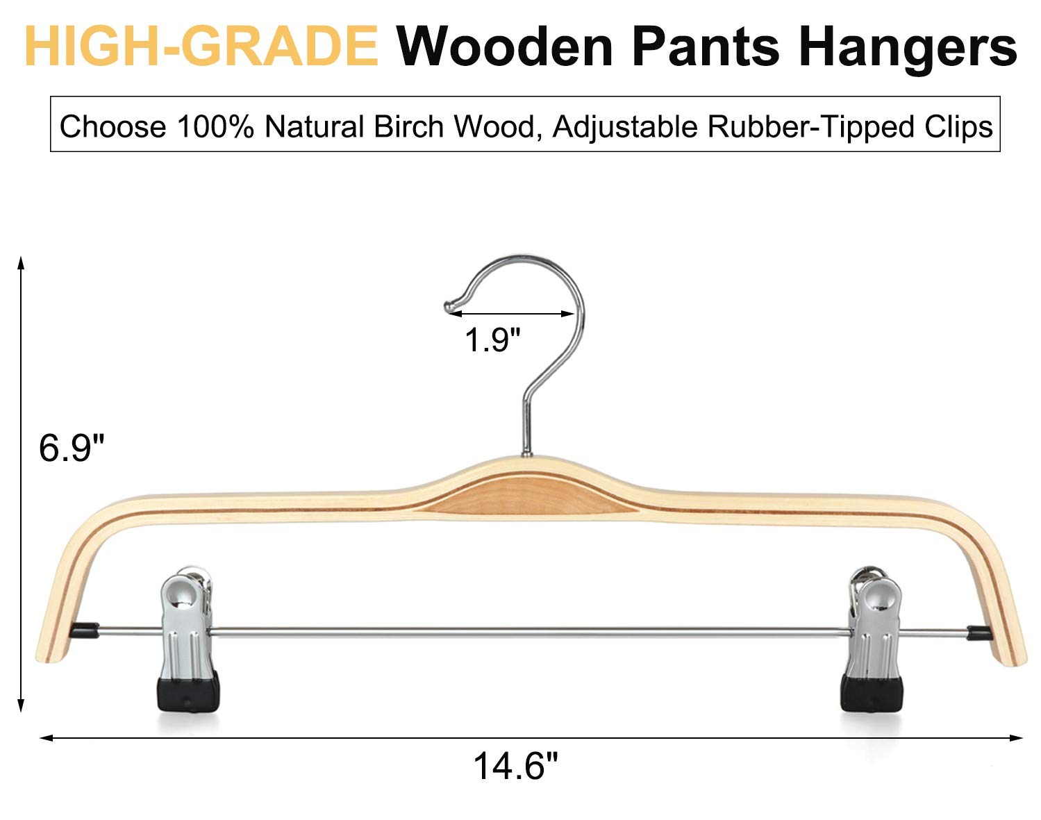 TOPIA HANGER 10-Pack Wooden Pants Hangers - Slim Natural Wood Skirt Hangers with Anti-Rust Hook & Adjustable Metal Clips - Perfect for Skirts, Pants, Slacks - Ideal for Closet Organization & Wardrobe Storage