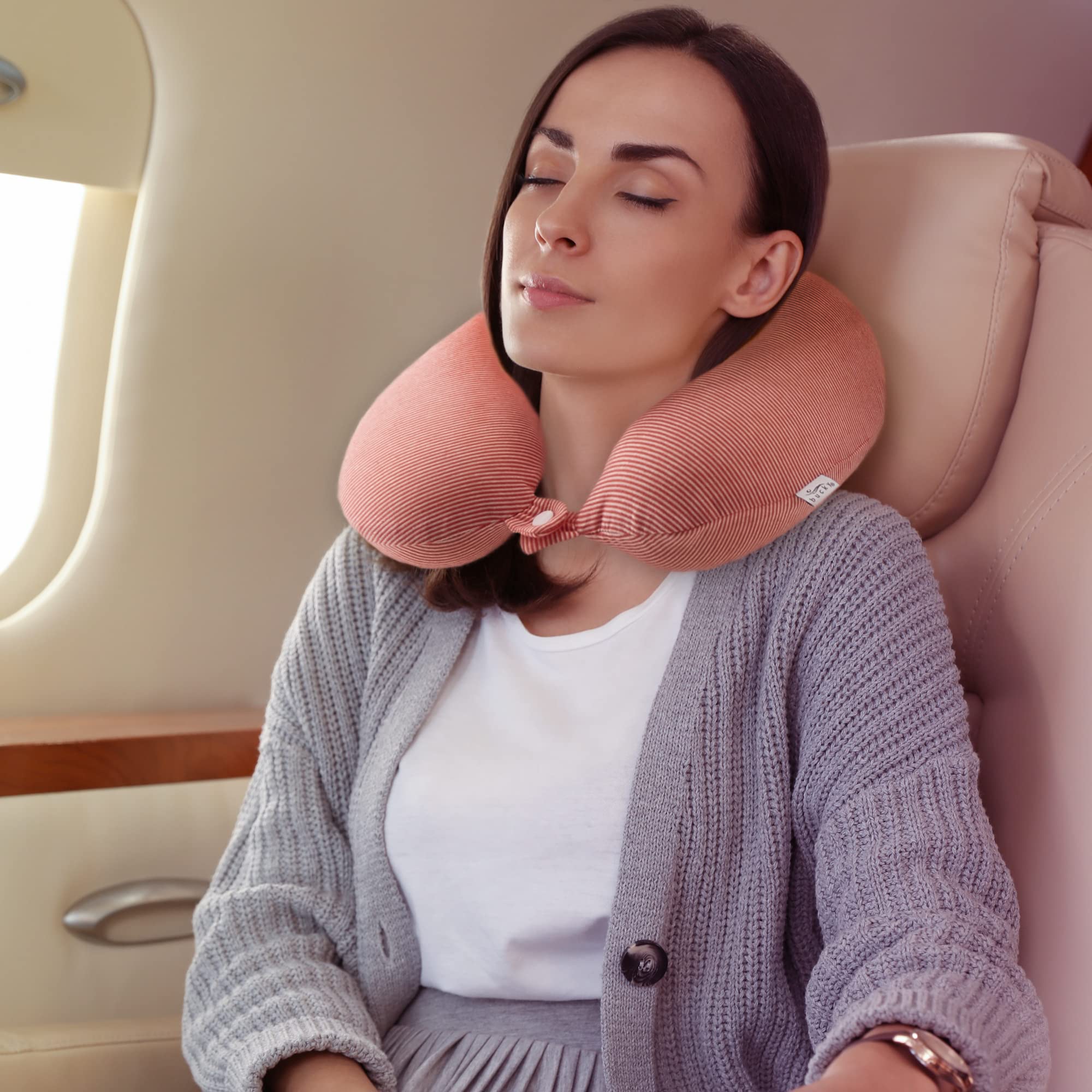 Bucky Jersey Stripe Memory Foam Neck Pillow for Travel - Soft & Supportive Comfort - Pink Stripe Design - Perfect for Airplanes, Cars & Office Use