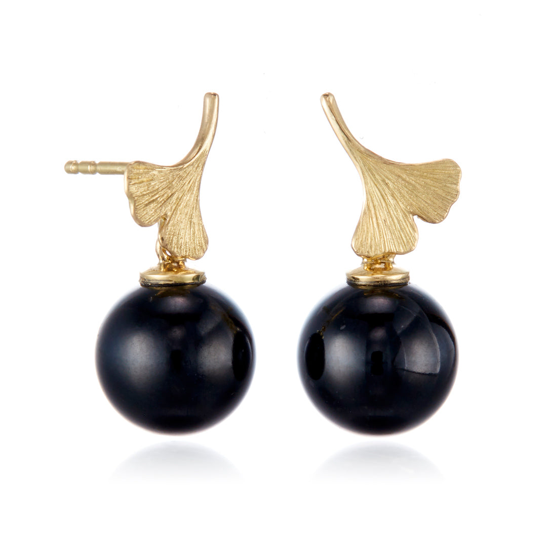 Ginkgo Black Jade Drop Earrings for Women - Elegant Handmade Dangle Earrings with Natural Stone - Perfect for Weddings, Parties & Special Occasions