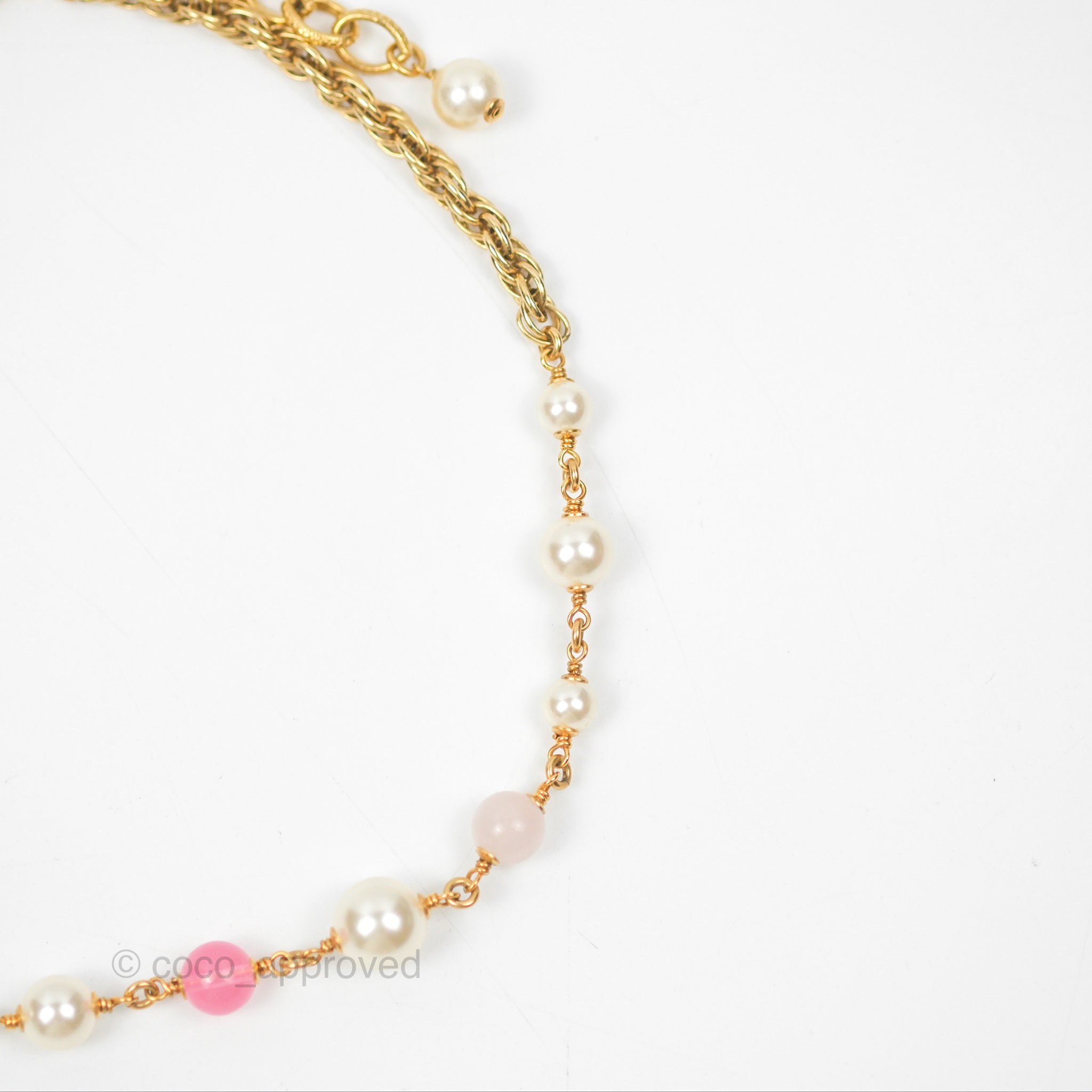 Chanel CC Pearl Pink Beaded Necklace in Gold Tone - Elegant Fashion Jewelry for Women, Perfect for Parties, Weddings & Special Occasions
