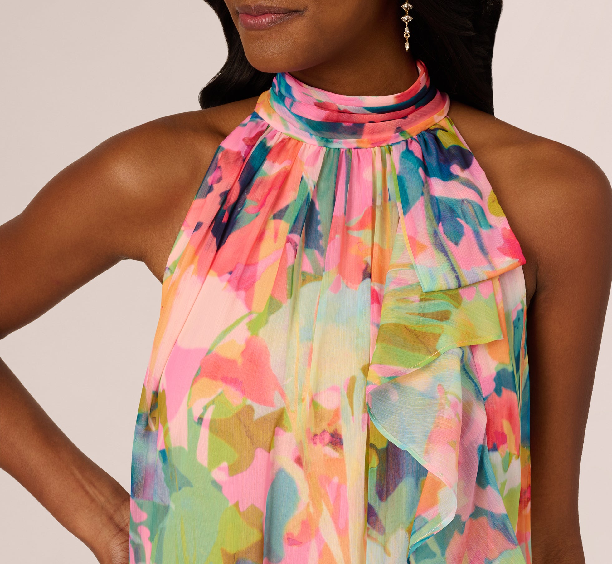 Floral Ruffle Chiffon Halter Trapeze Dress in Pink Multi - Elegant Summer Party Dress for Women, Perfect for Weddings, Cocktail Parties & Beach Vacations