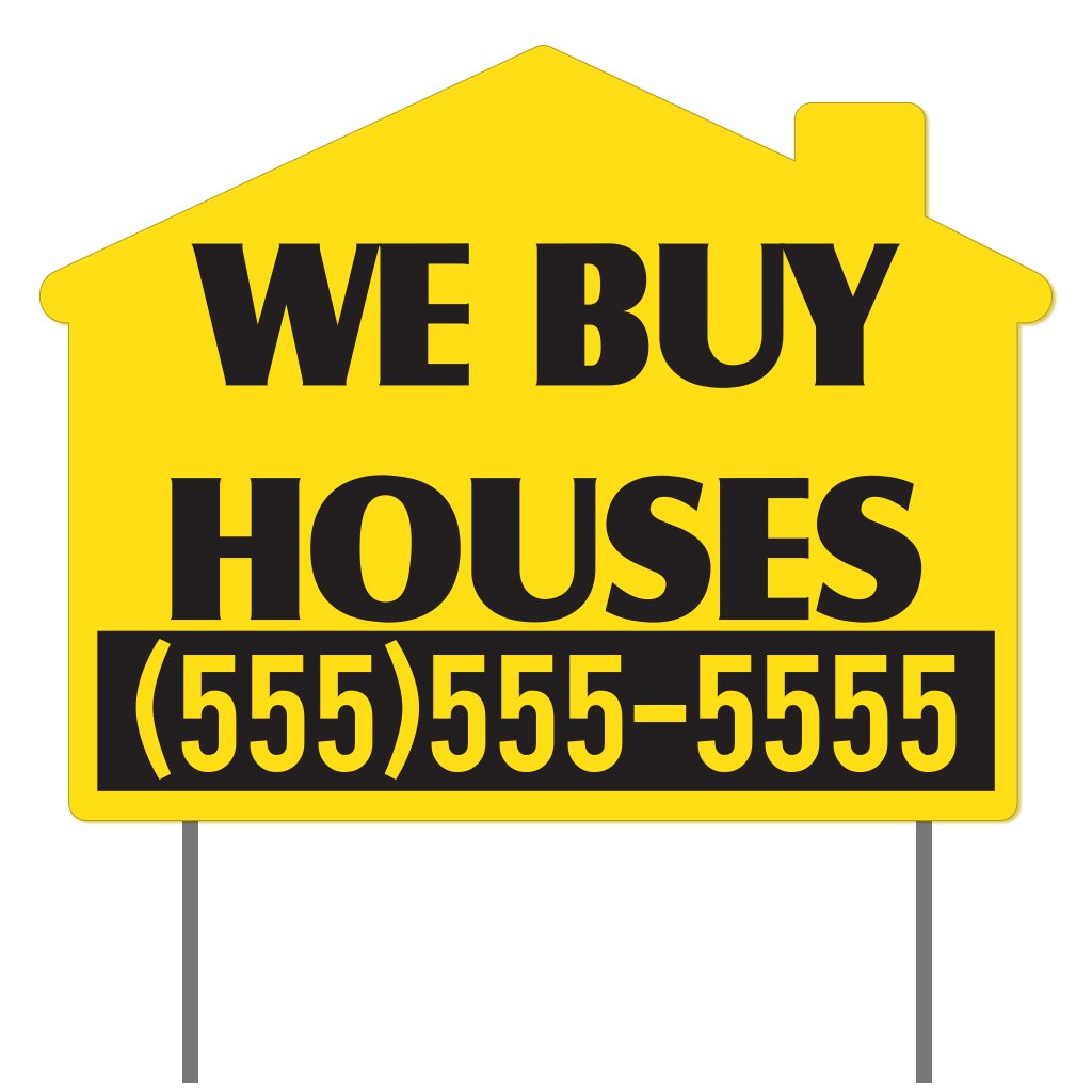 Custom 'We Buy Houses' Yard Signs - 17x22 Inch Yellow Corrugated Plastic House-Shaped Signs with Stakes (Set of 50) - Perfect for Real Estate Investors, Wholesalers & House Flippers