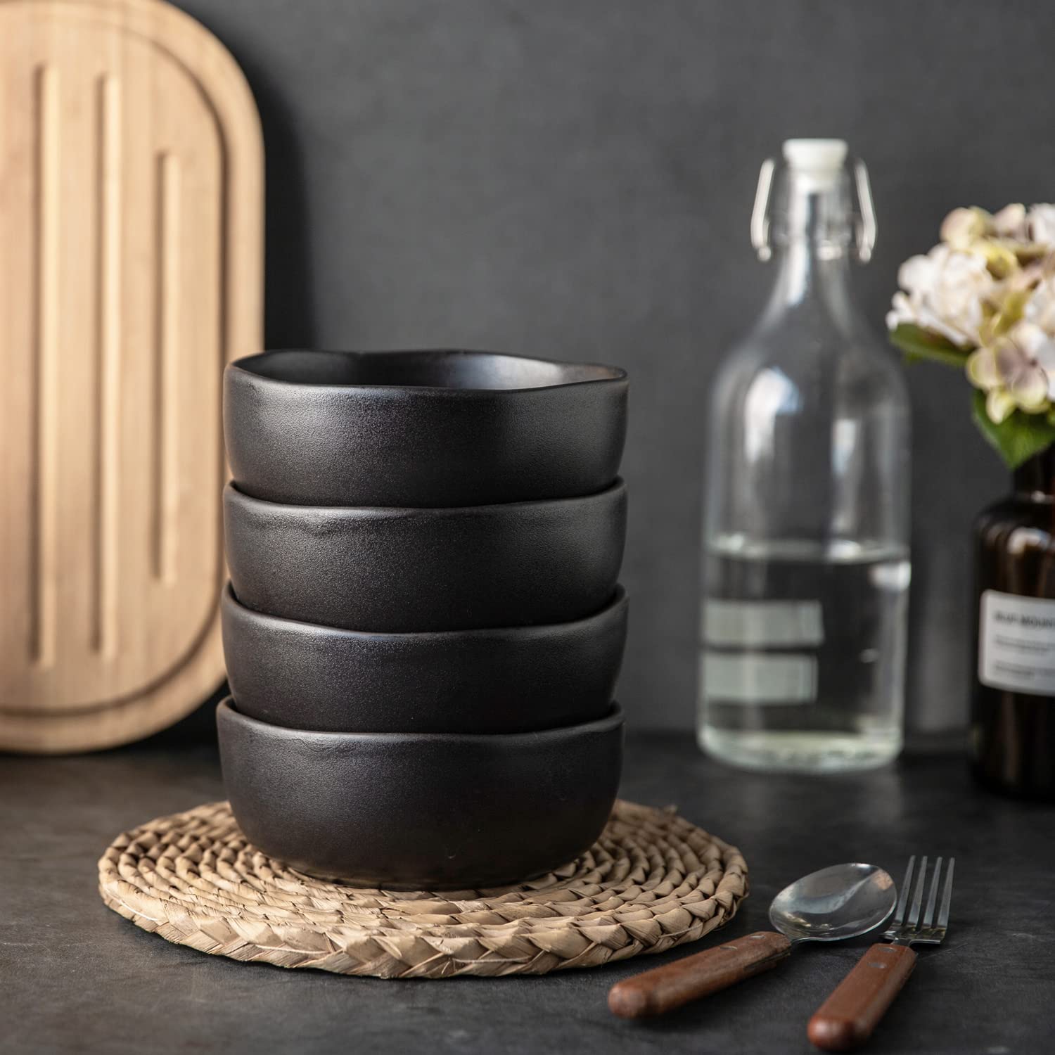 AmorArc 28oz Stoneware Cereal & Soup Bowls Set of 4 - Microwave, Oven & Dishwasher Safe Ceramic Kitchen Bowls with Wavy Rim - Matte Black for Breakfast, Lunch & Dinner Serving
