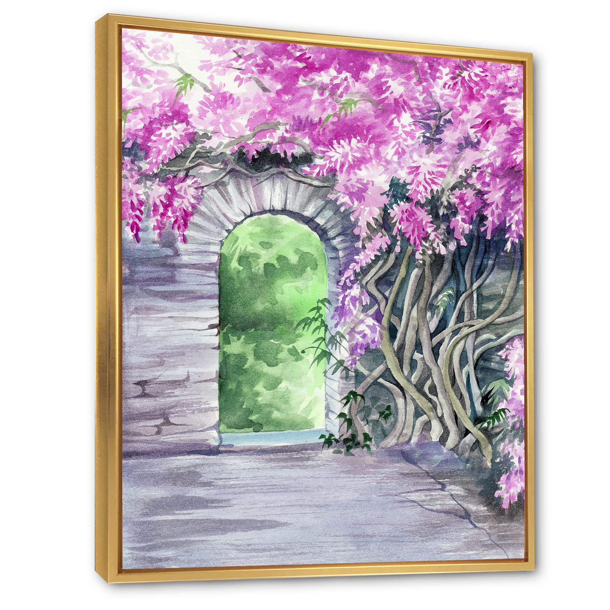 DesignQ Blossoming Wisteria Garden Over The Wall - Traditional Framed Canvas Wall Art Print - Home Decor for Living Room, Bedroom & Office