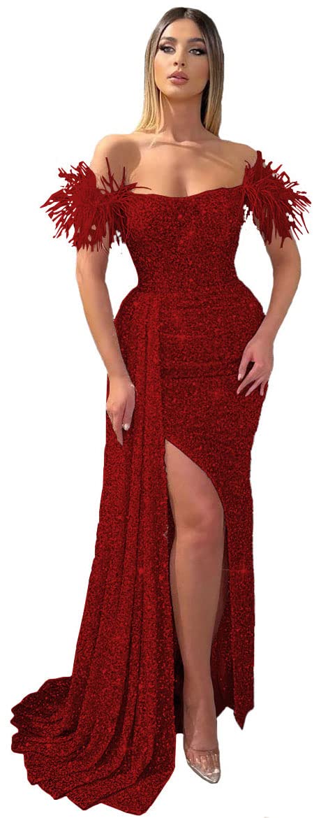 Sparkly Sequin Mermaid Prom Dress for Women - Off Shoulder Feather Formal Evening Gown with High Slit | Elegant Party Dress for Prom, Homecoming, Pageant & Special Occasions