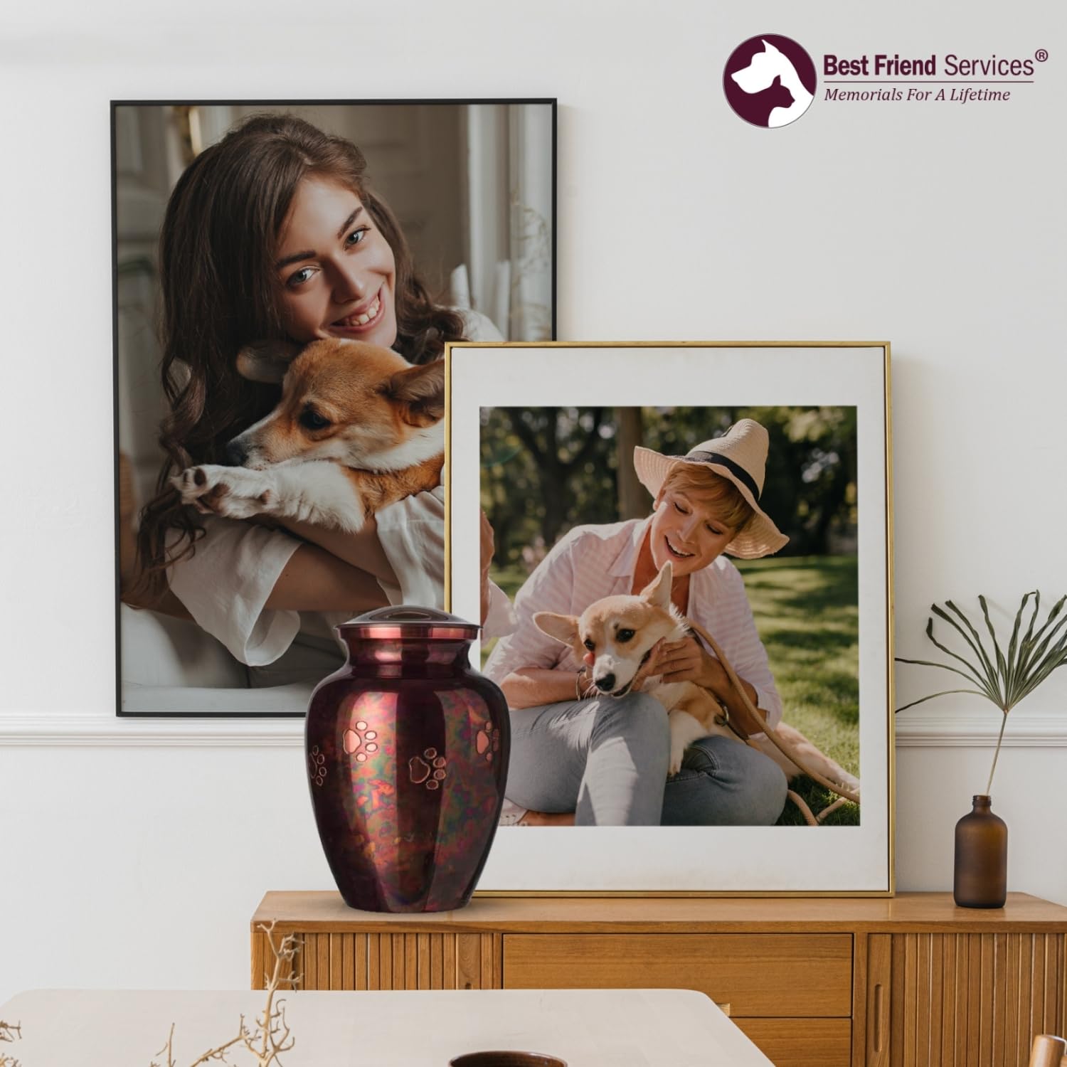 Hand Carved Brass Pet Urn for Dogs and Cats Ashes - Ottillie Paws Legacy Memorial Cremation Urn, Raku Finish, Horizontal Design, X-Large Size, Perfect for Home Memorials and Pet Keepsakes