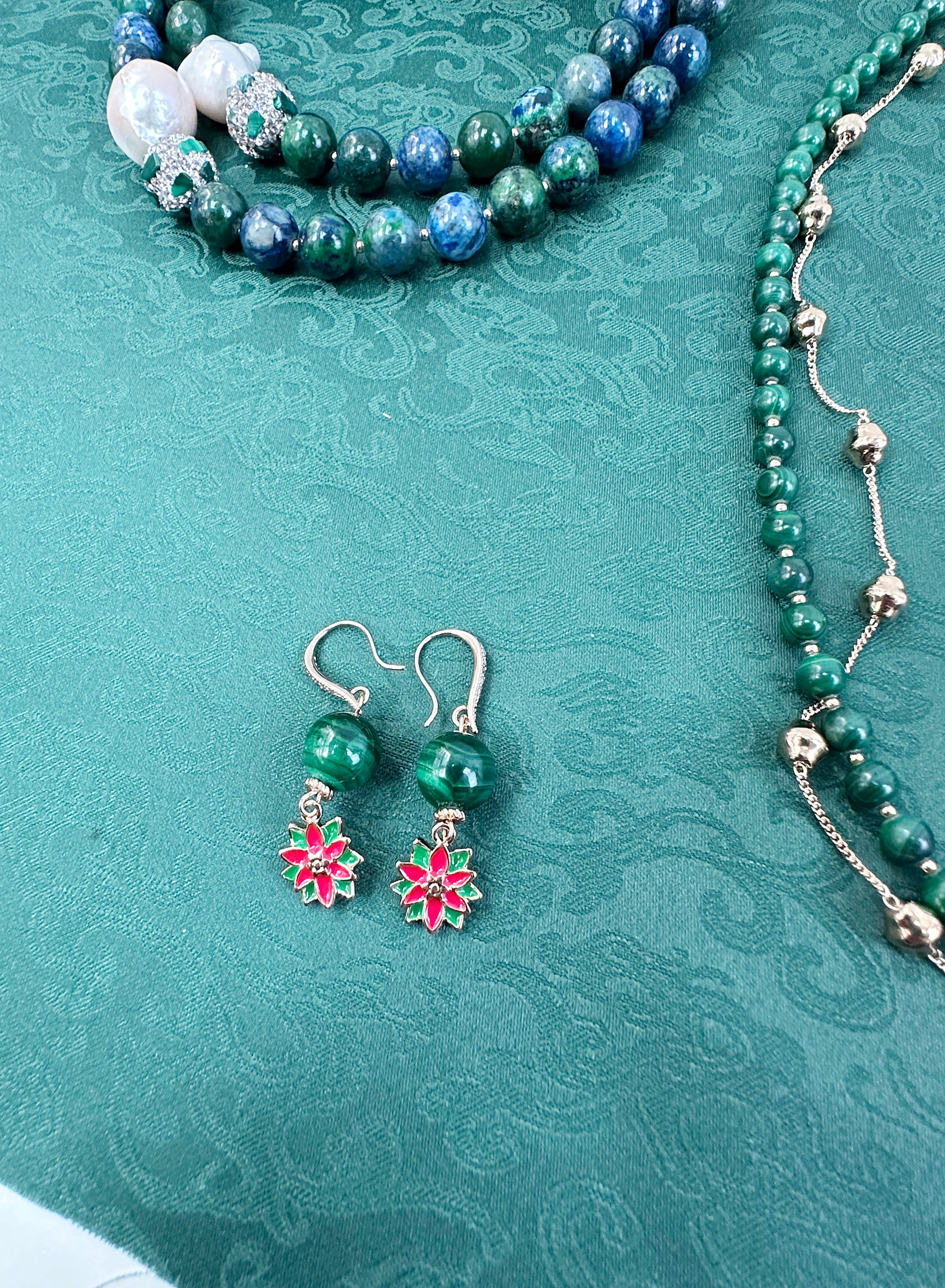 Malachite Dangle Earrings with Christmas Flower Design - Elegant Holiday Jewelry Gift for Women (Perfect for Christmas Parties & Festive Occasions)