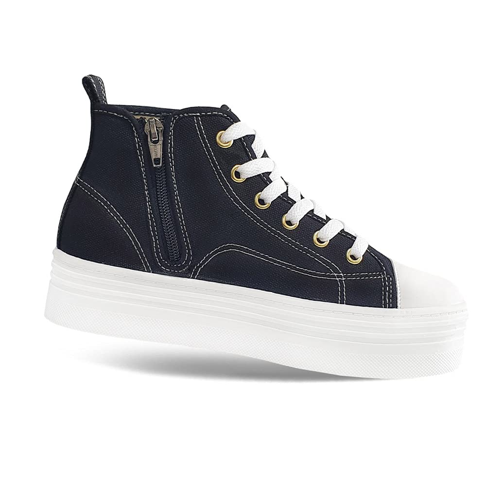 Women's Casual Mid Heel Canvas Sneakers - Comfortable Lace-Up Fashion Shoes for Everyday Wear (Black, Size 8) | Perfect for Walking, Office & Weekend Outfits