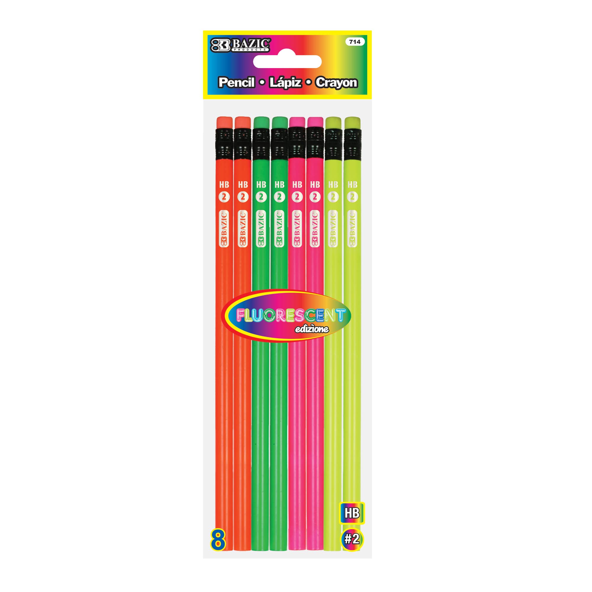 BAZIC Neon Wood Pencils with Latex-Free Erasers - 8 Unsharpened Pencils per Pack, 24 Packs Total - Perfect for School, Office, Art & Writing Projects