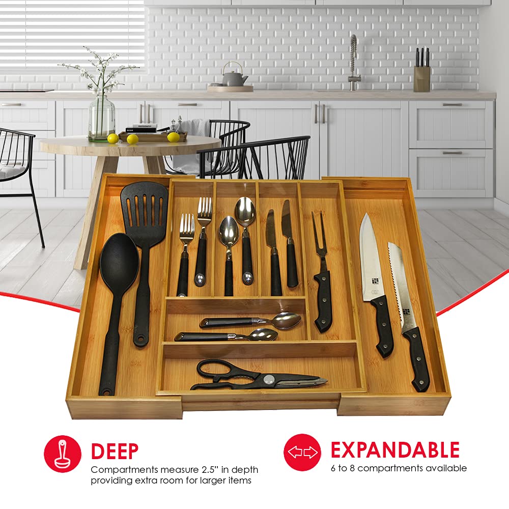 Expandable Bamboo Drawer Organizer with 8 Adjustable Compartments - Kitchen Utensil Tray, Cutlery Holder for Craft, Sewing, Office & Bathroom Storage - Perfect for Organizing Spices, Makeup, Office Supplies & Kitchen Tools