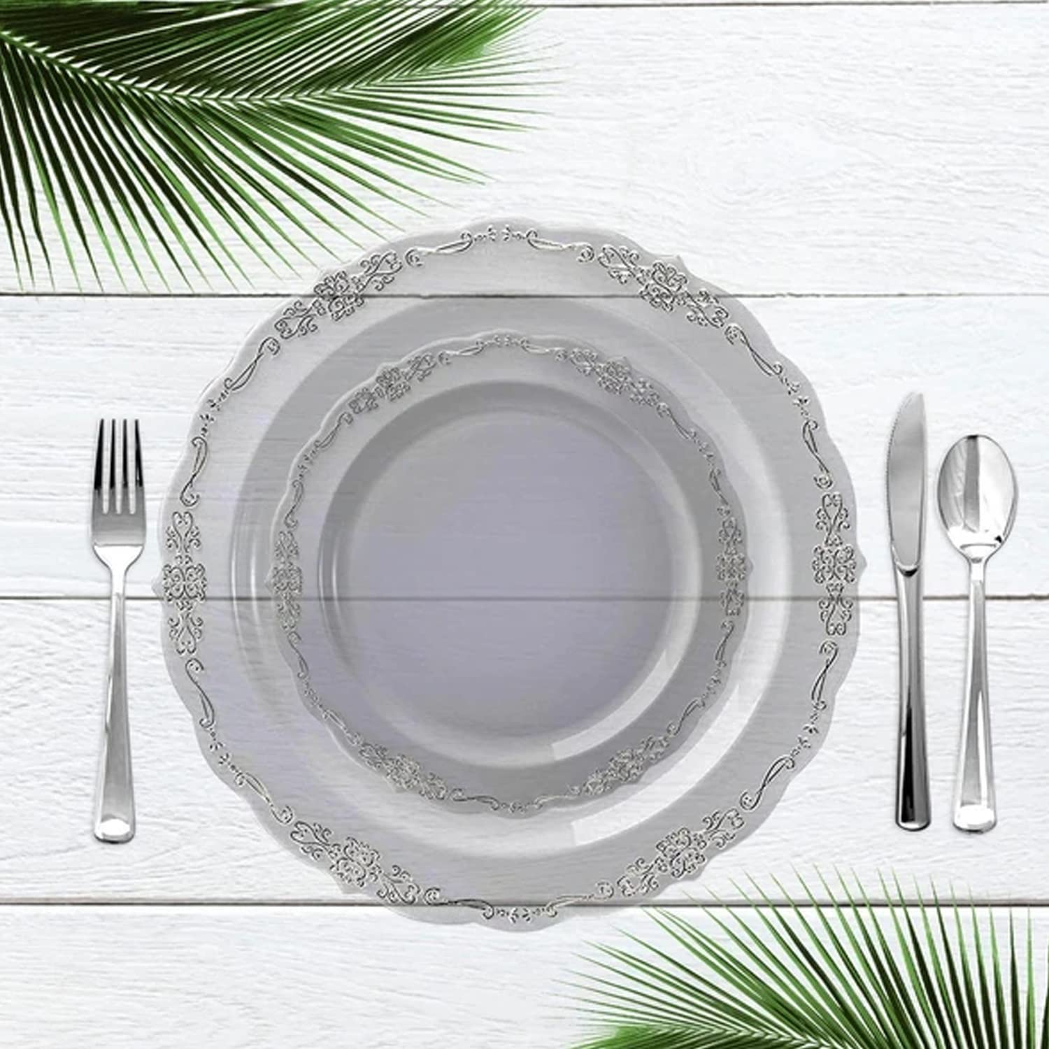 Elegant Disposable Plastic Plates for Party - 120-Piece Clear with Silver Dinnerware Set | Perfect for Weddings, BBQs, Picnics & Events