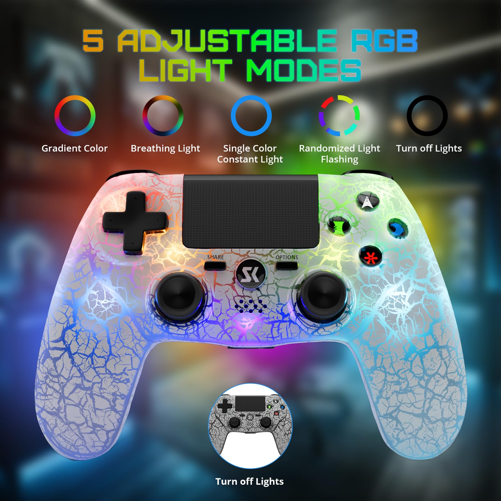 Wireless PS4 Controller for PlayStation 4/Pro/Slim - Adjustable RGB Lighting, 1000mAh Battery, 6-Axis Motion Sensor, Dual Shock Vibration & 3.5mm Audio Jack (White) - Perfect for Gaming, Streaming & Long Play Sessions