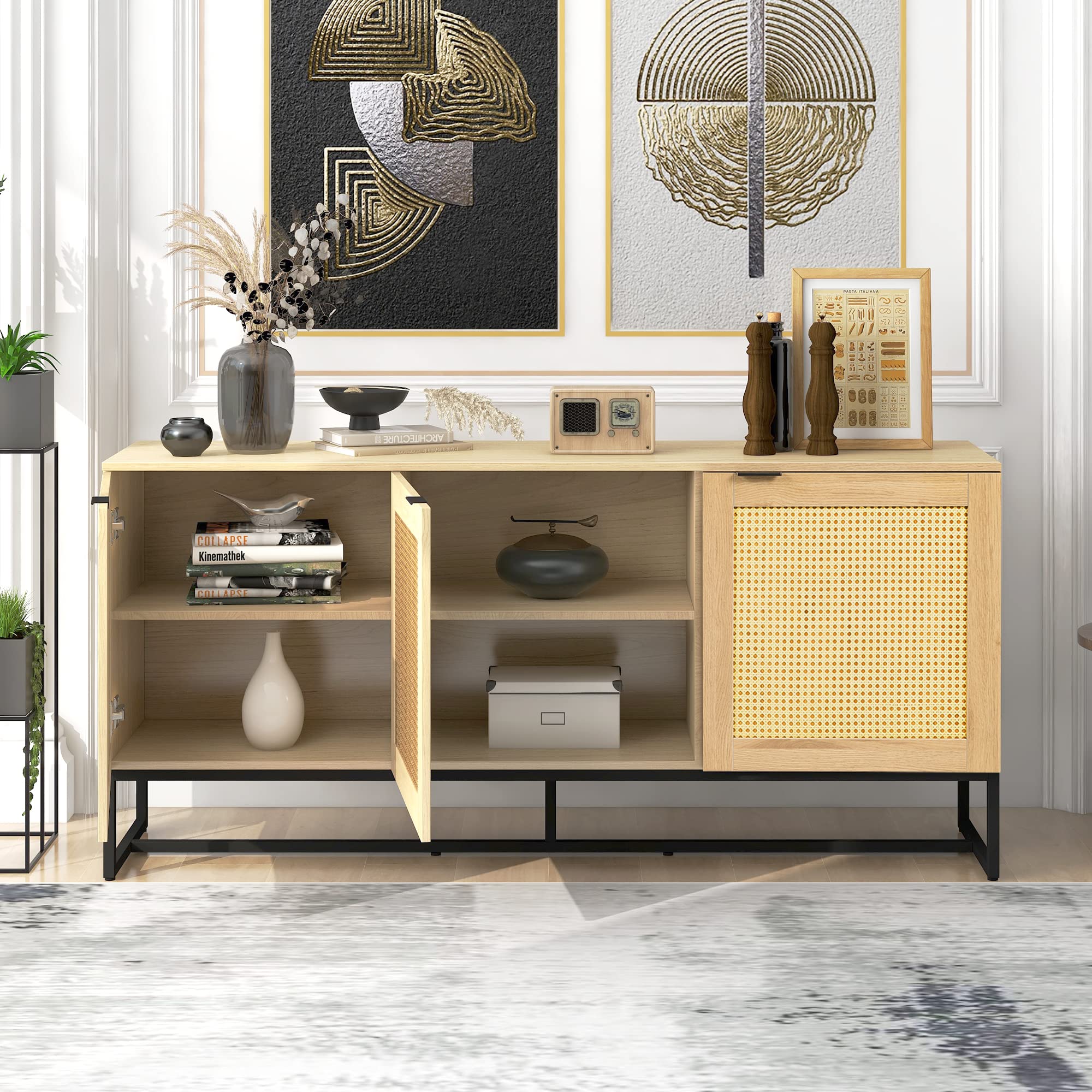 Modern Wicker Console Table with 3 Doors - Iron Support & Wood Grain Surface - 63