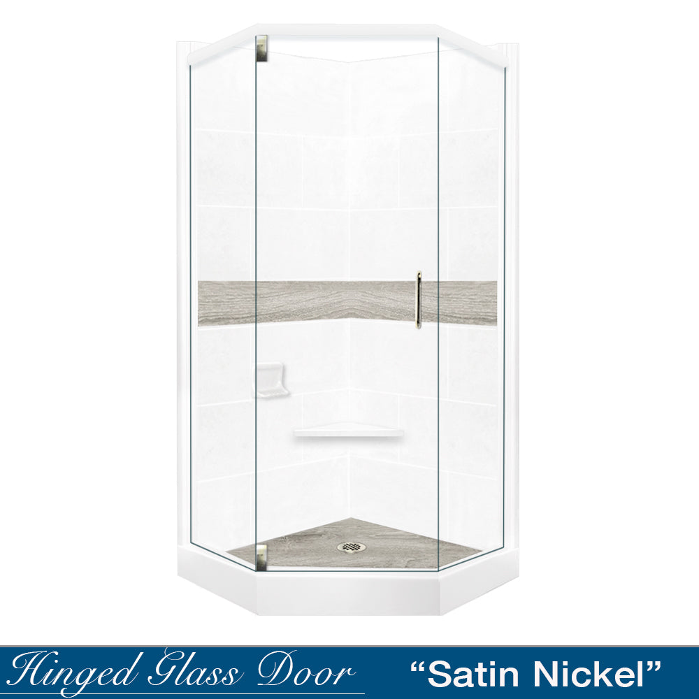 DIY Shower Remodel Kit - Neo Angle Natural Buff Sistine Stone & Sterling Oak Wood Accent | Waterproof Bathroom Upgrade for Modern Homes | Perfect for Bathroom Renovation & Luxury Spa Experience