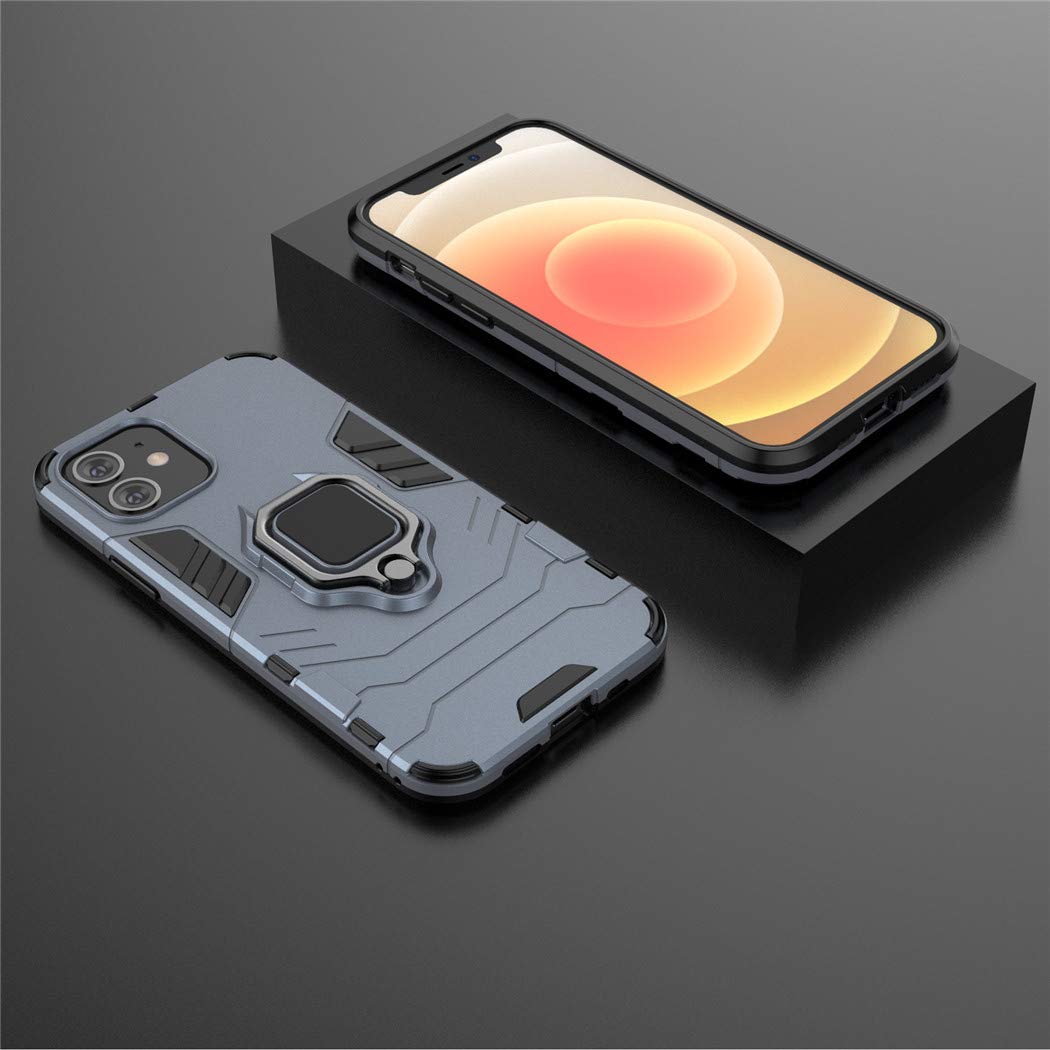 Shockproof Rugged iPhone 12 Case with Metal Ring Grip & Kickstand - Compatible with iPhone 12/12 Pro - Dual Layer Hard Bumper Protective Cover (Navy Blue) - Works with Magnetic Car Mount - Perfect for Outdoor Activities, Travel & Daily Protection