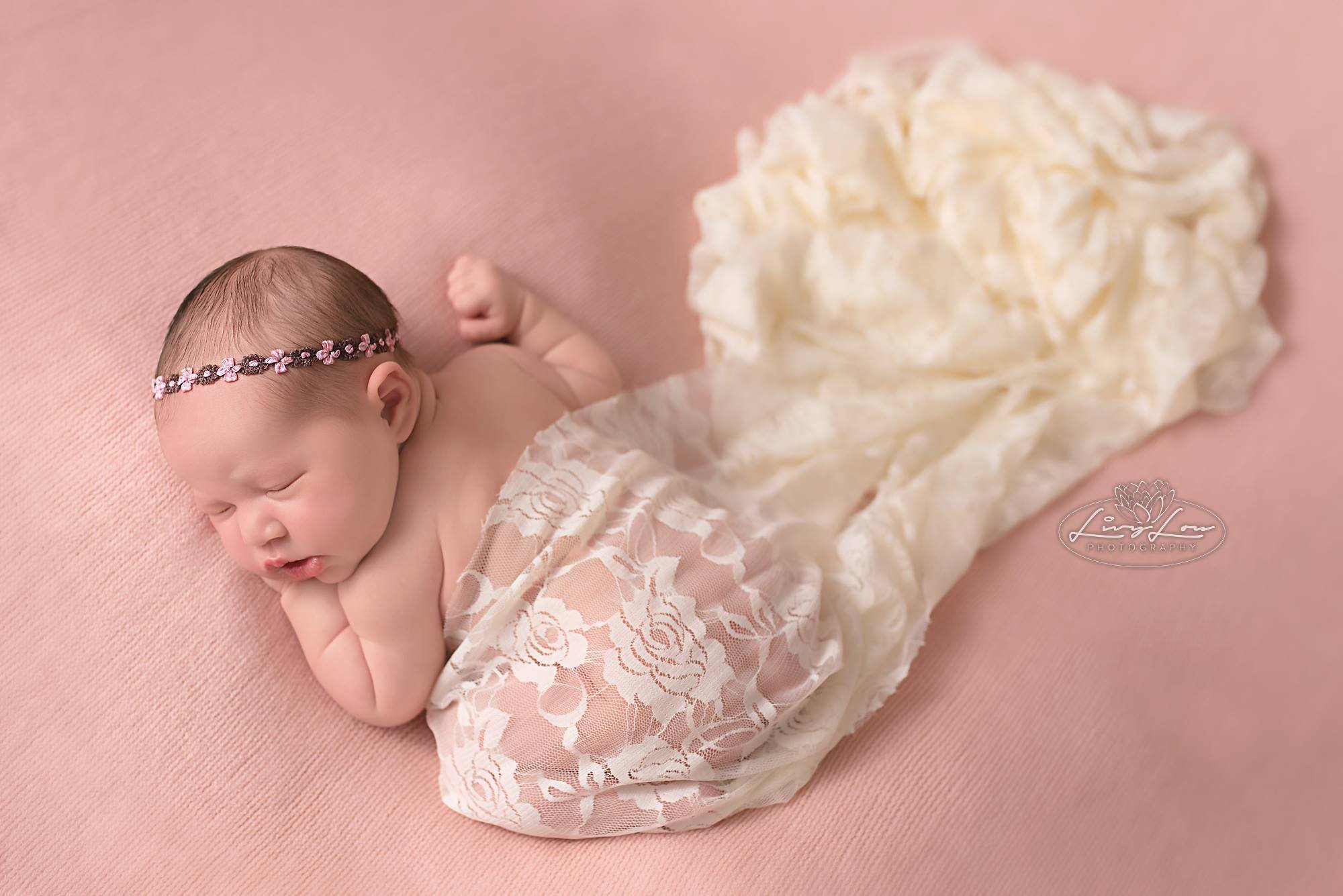 Pink and Brown Halo Headband for Newborns | Baby Photography Prop | Soft Tieback Headband for Newborn Photo Shoots, Baptism, and Special Occasions