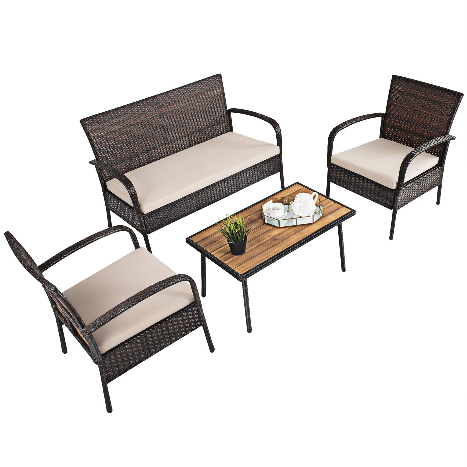 RELAX4LIFE 4-Piece Outdoor Patio Furniture Set - All-Weather Rattan Wicker Chairs with Acacia Wood Coffee Table & Cushions - Perfect for Garden, Poolside, Backyard, and Outdoor Entertaining