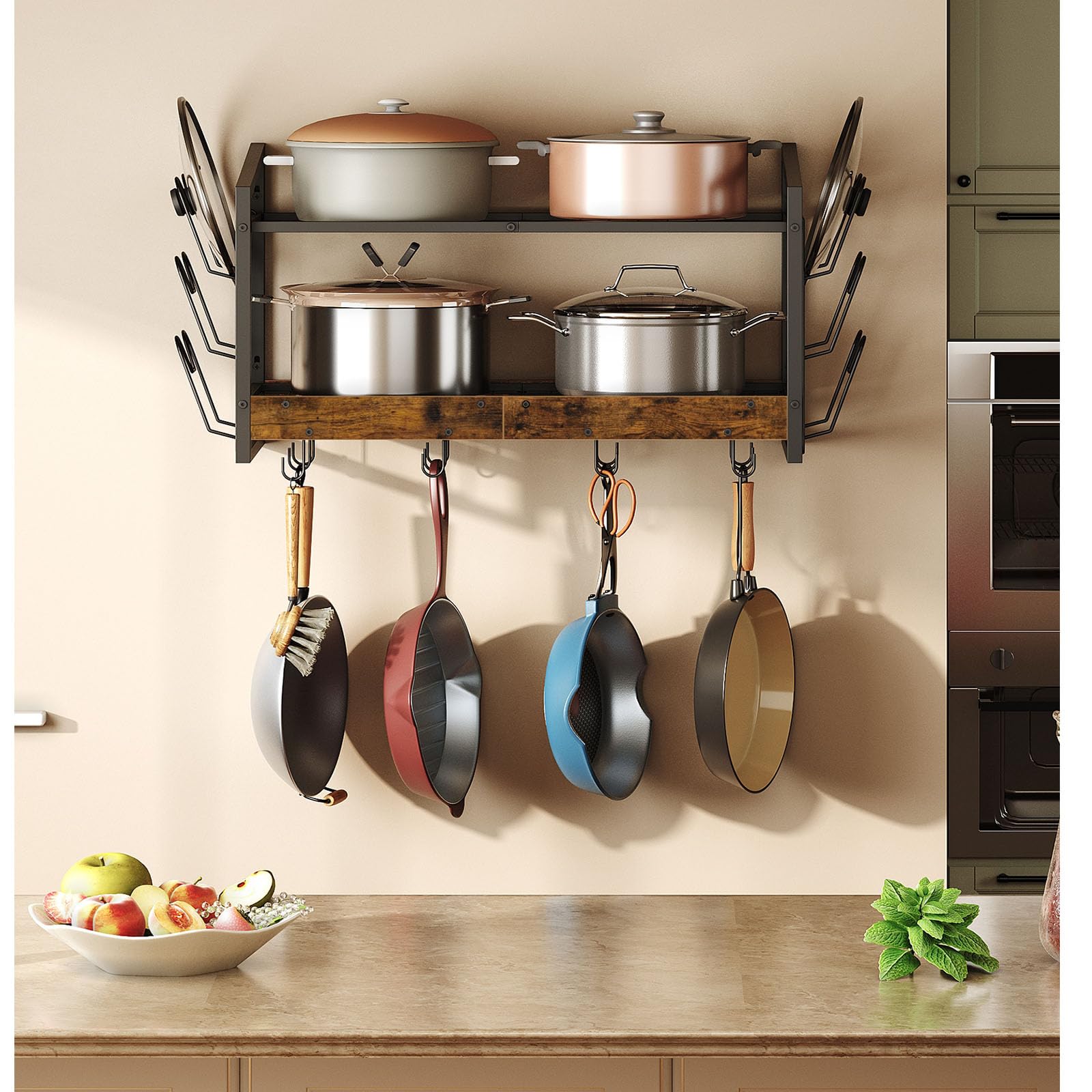2-Tier Wall Mounted Hanging Pot Rack with 12 Hooks - Rustic Brown Kitchen Organizer for Pots, Pans & Utensils | Space-Saving Storage Solution for Small Kitchens & Apartment Cooking Areas