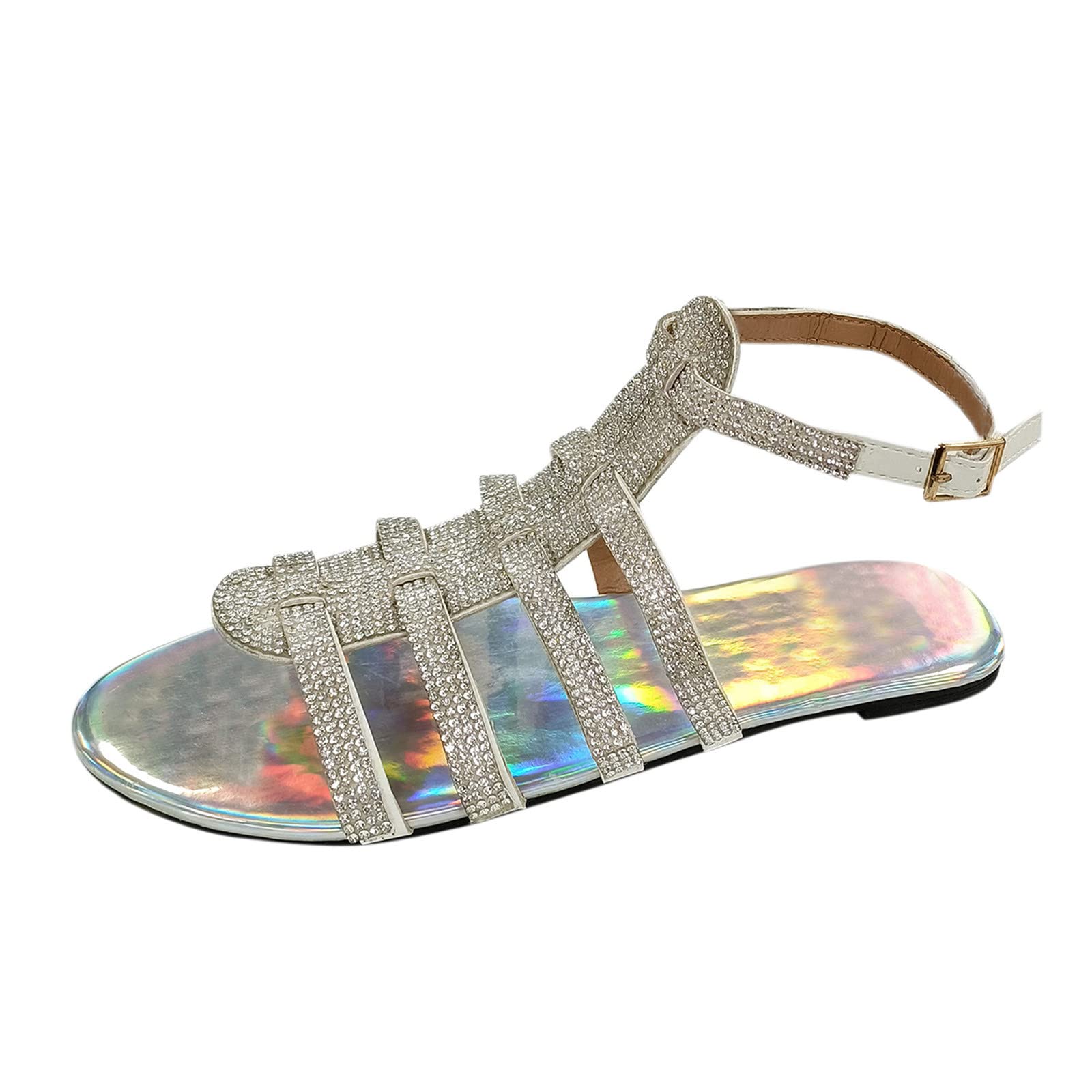 Crystal Sandals for Women - Fashion Retro Flat Buckle Sandals | Comfortable Summer Outdoor Sandals for Beach, Travel & Casual Wear