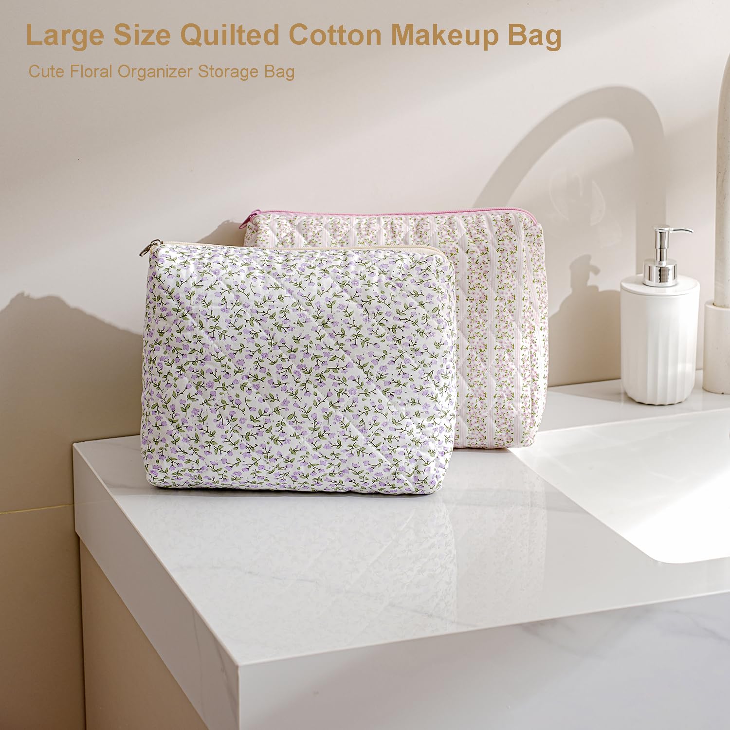 Gleyemor 2-Piece Set (Large + Small) Quilted Makeup Bag for Women - Floral Cosmetic Organizer, Travel Toiletry Bag, Cotton Tote Pouch (Pink Floral) | Perfect for Travel, Daily Makeup Storage & Gift Giving