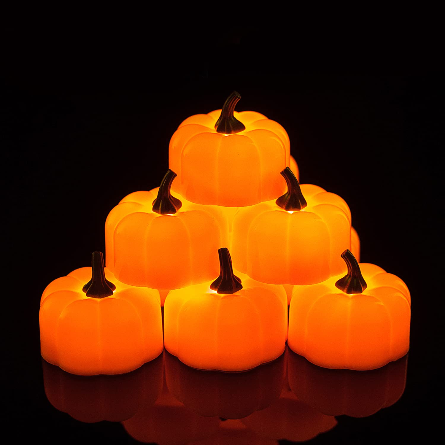 Homemory 24 Pack LED Pumpkin Lights - Battery Operated Halloween Decorations, Orange Jack O' Lantern Tea Lights for Indoor/Outdoor Halloween Party Decor