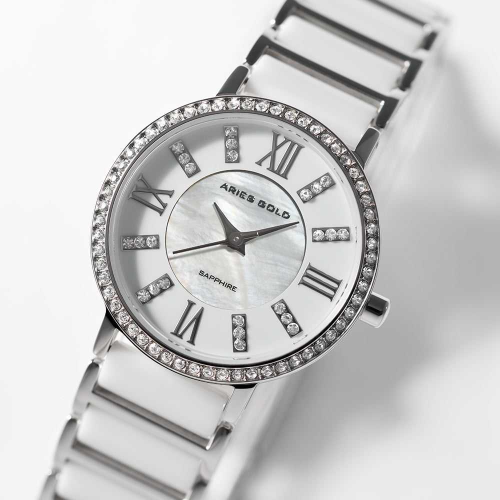 ARIES GOLD ENCHANT GLITTER Silver Stainless Steel Women's Watch with White Ceramic Band - Elegant Timepiece for Office, Party & Special Occasions