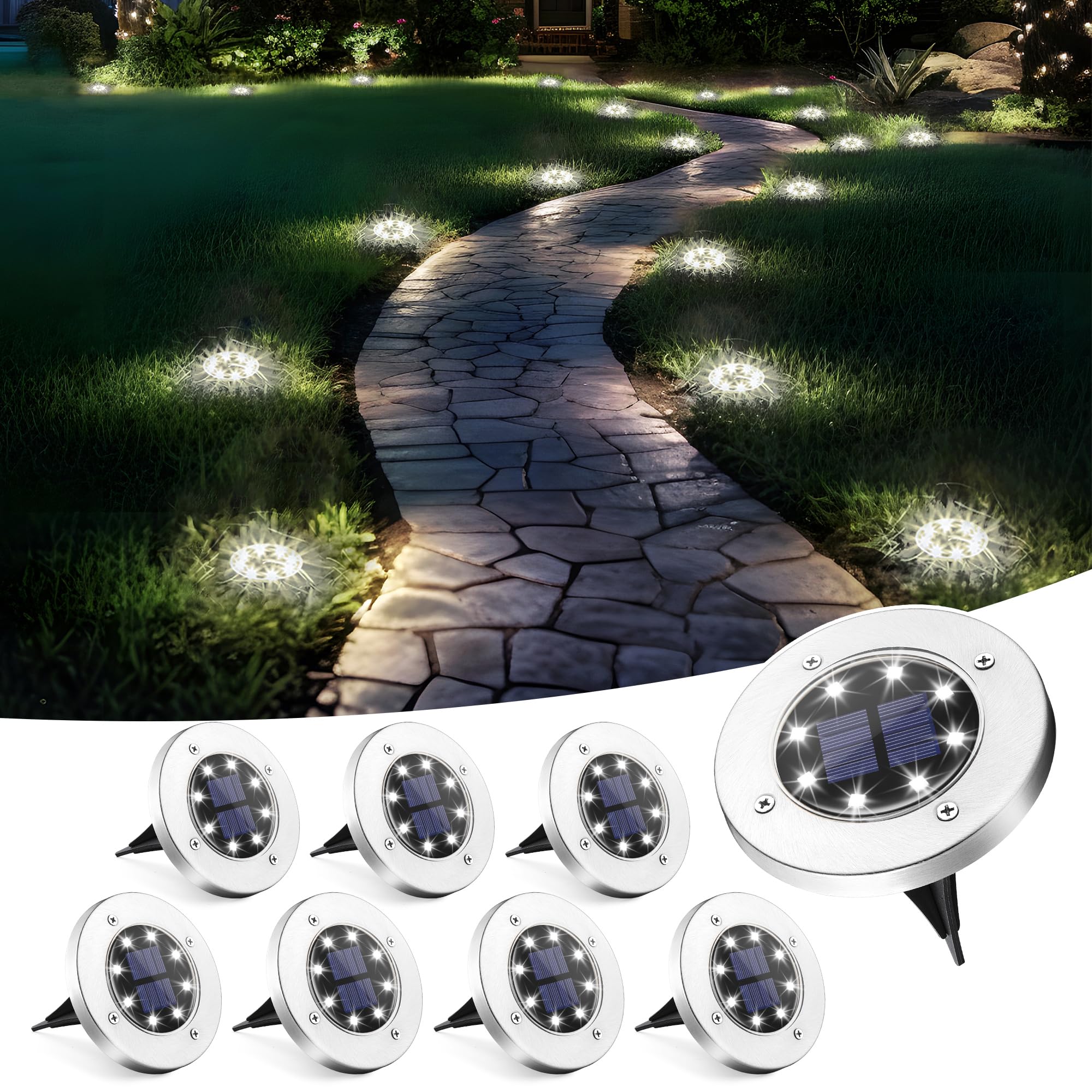 SOLPEX 8 Pack Waterproof Solar Lights Outdoor - Solar Powered Garden Lights for Pathway, Driveway, Patio, Backyard, Walkway (Cool White) | Weatherproof Landscape Lighting for Home & Garden Decor