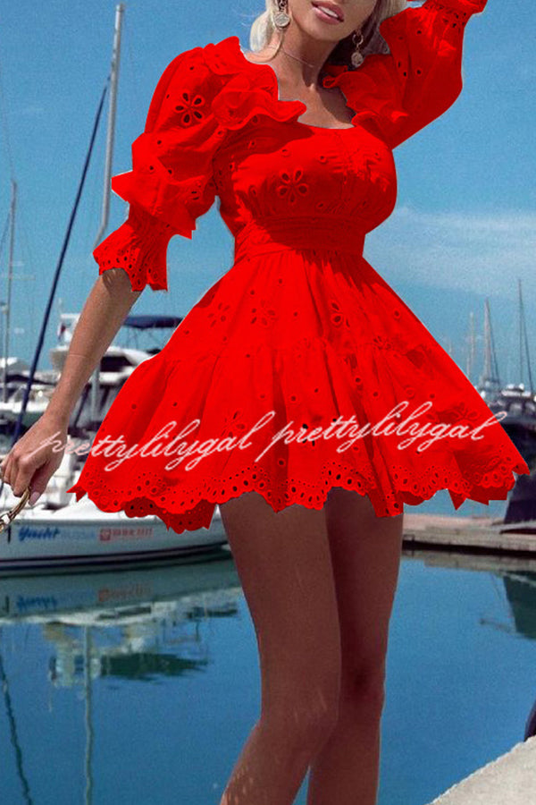 Elegant Bell Sleeve Hollow Out High Waist Mini Dress for Women - Perfect for Commuting, Office Wear & Date Night Outfits