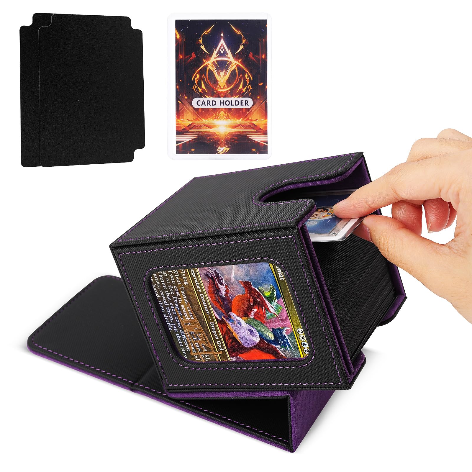 MTG Commander Deck Box - Holds 100 Double Sleeved Cards with 2 Dividers, Drawstring Bag & Toploader | Magic The Gathering Card Storage Case (Black & Purple) | Perfect for TCG Tournaments, Game Nights & Collectible Display