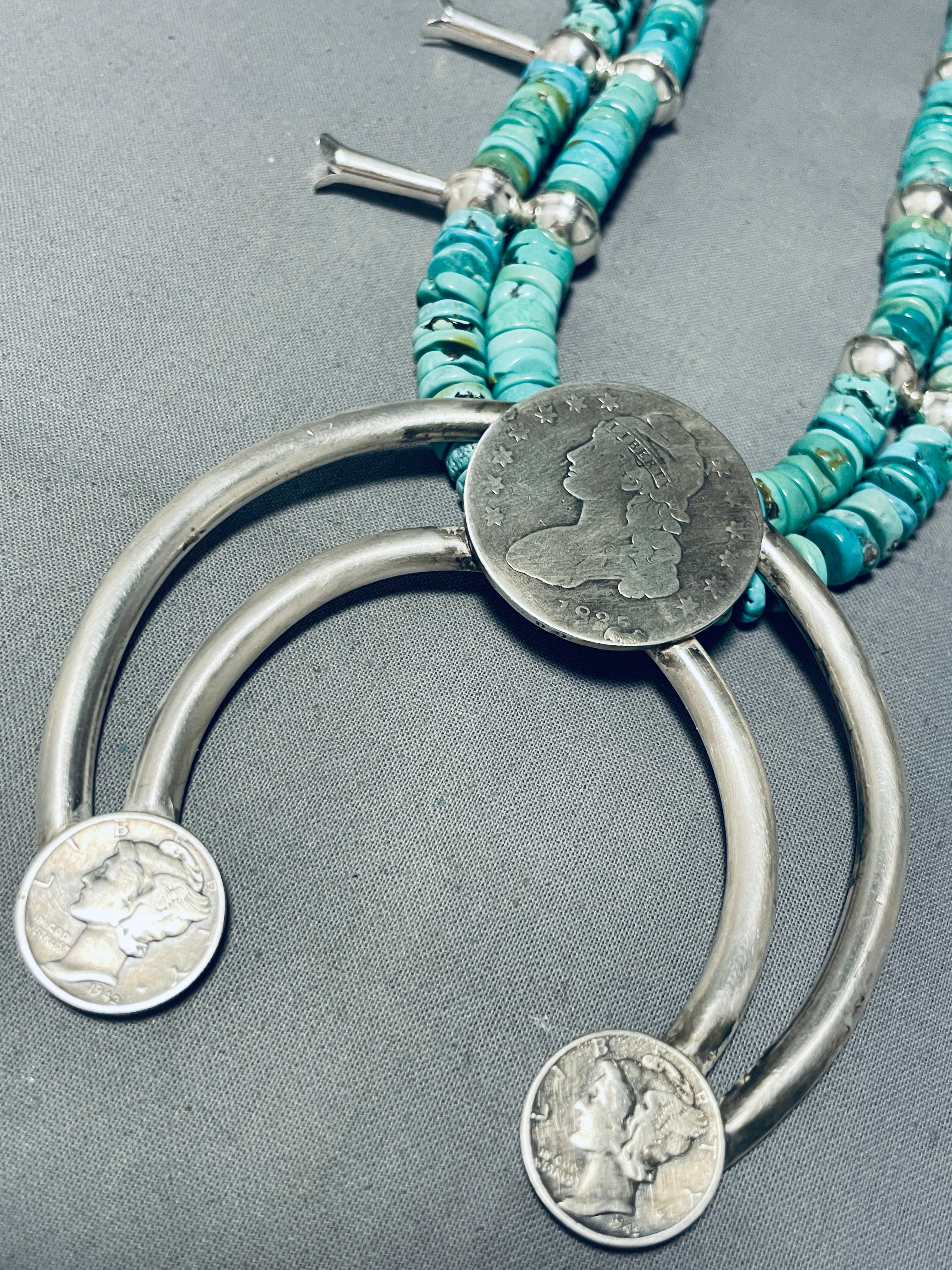 Authentic Navajo Sterling Silver Squash Blossom Necklace with Turquoise Coin - 191g Handcrafted Native American Jewelry for Women - Perfect for Boho Fashion, Weddings & Special Occasions