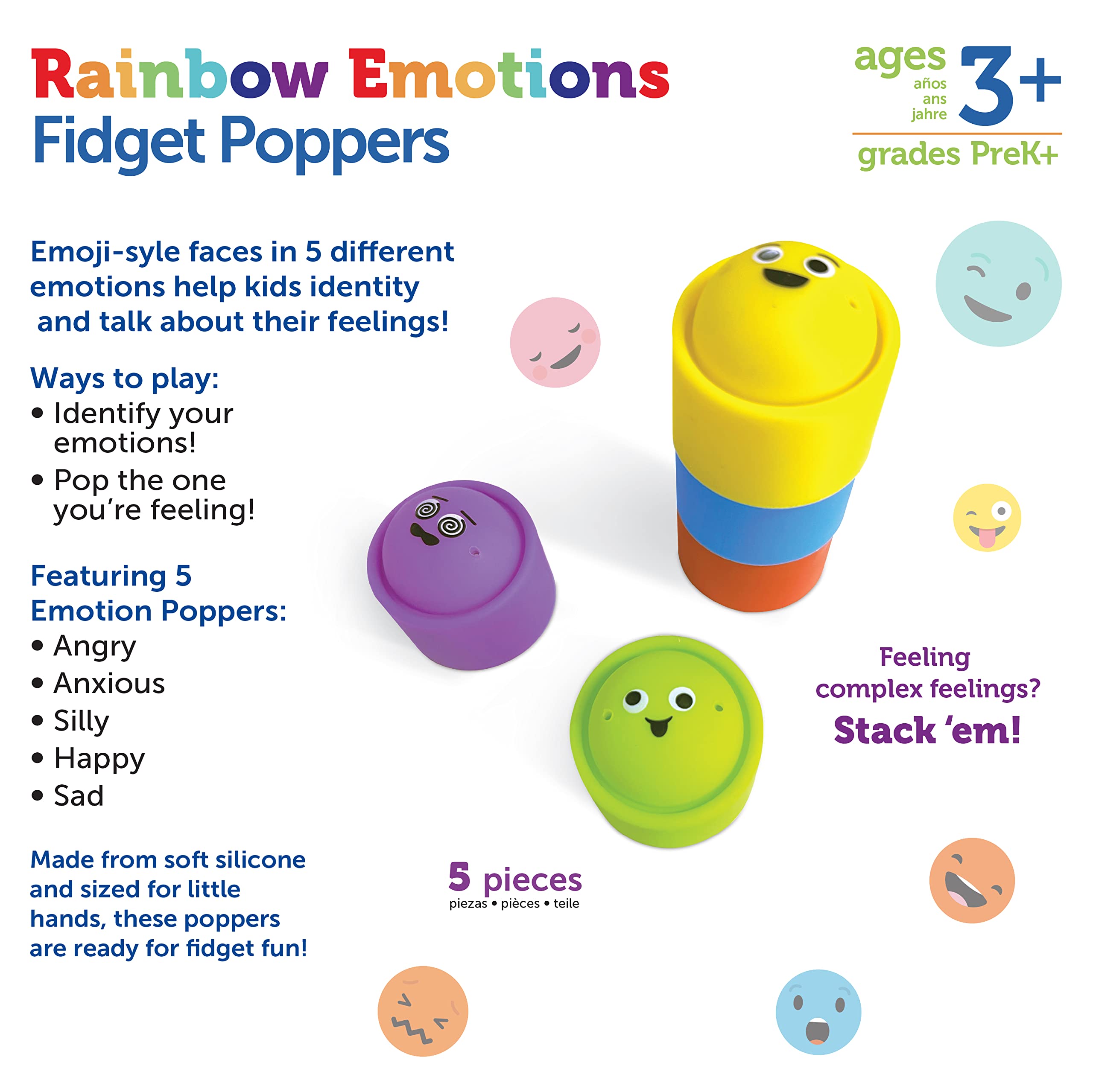 Learning Resources Rainbow Emotion Fidget Poppers - 5-Piece Sensory Toy Set for Social Emotional Learning, Stress Relief & Focus - Toddler Sensory Toys for Autism, ADHD, Anxiety - Perfect for Easter Basket Stuffers, Classroom & Home Use (Ages 3+)