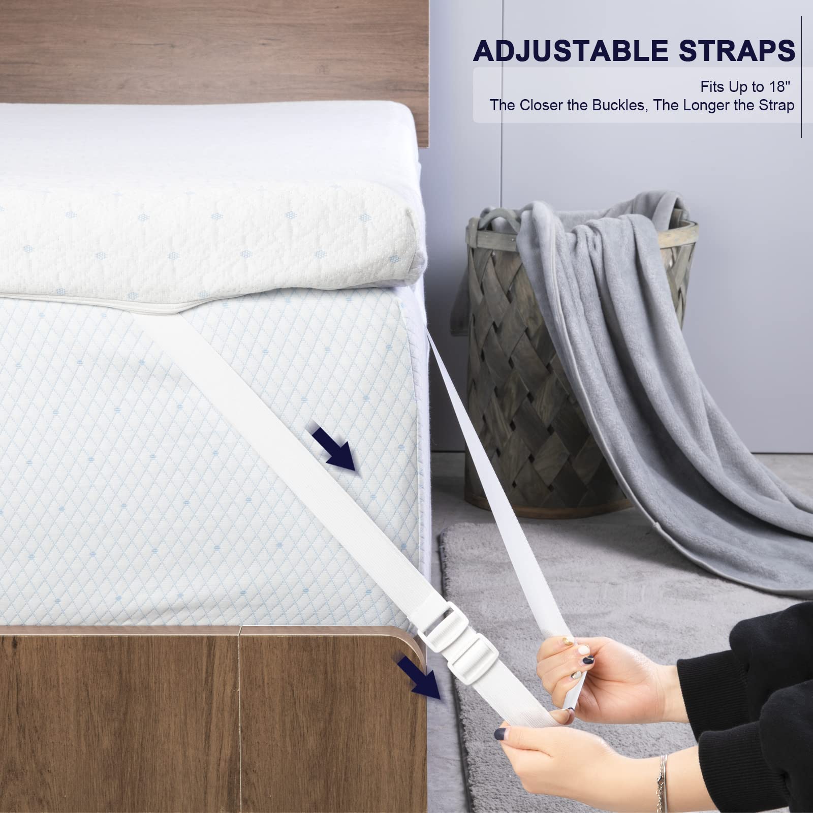 4 Inch Twin XL Mattress Topper Cover - OEKO-TEX Certified Bamboo Zippered Protector with Adjustable Straps & Anti-Slip Silicone Bottom | Removable & Washable | Perfect for Dorms, Guest Beds & Memory Foam Toppers